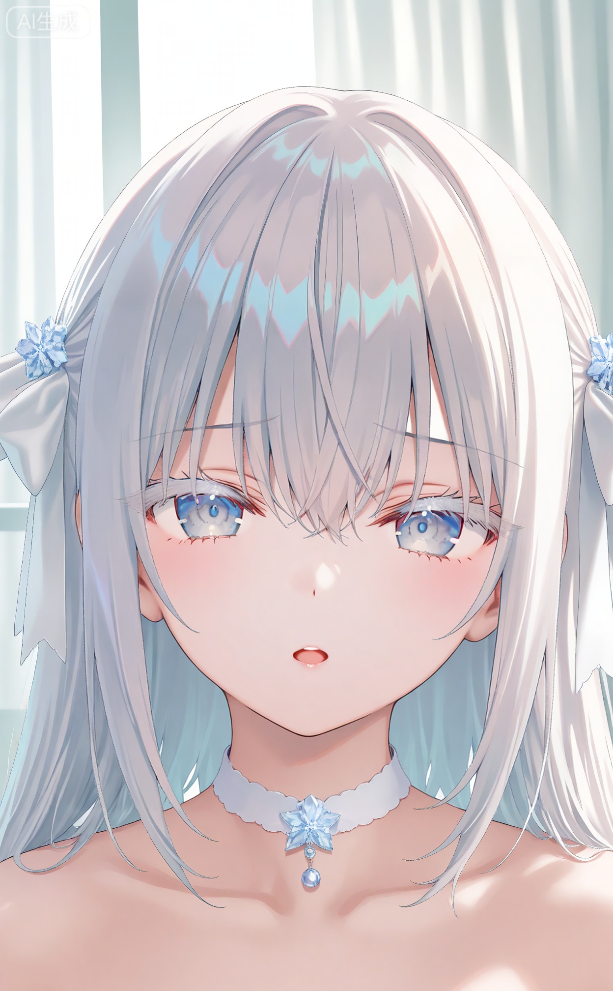 masterpiece,absurdres,best quality,petite,high quality,chromatic_aberration,mmd,
//,
1girl, solo, collarbone, looking_at_viewer, long_hair, curtains, hair_between_eyes, parted_lips, bow, choker, window, white_theme, white_bow, hair_ornament, bare_shoulders, white_hair, transparent, grey_eyes, white_choker, portrait, blue_eyes, teeth, hair_bow, indoors, upper_teeth_only, white_eyes, open_mouth, ribbon, colored_eyelashes
//,
potorealistic,((Artist:na-ga)),artist:luvluvvox,artist:fukai ryosuke,[artist:Torino aqua],artist:minato hitori,hiten_(hitenkei),artist:rurudo,artist:lazuri7,artist:yunikon,artist:ramchi,(courreges_ace),