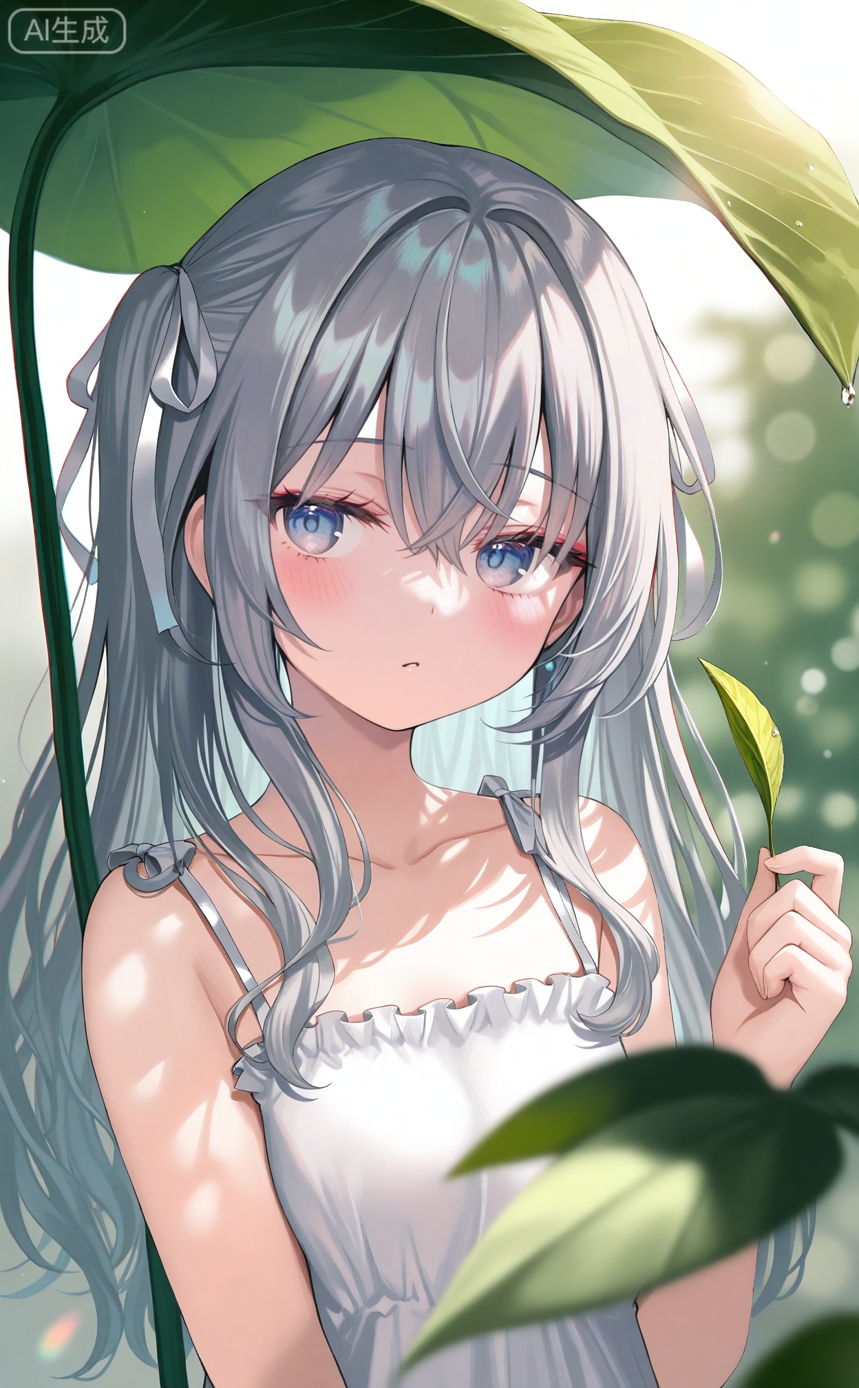 masterpiece,absurdres,best quality,((petite)),high quality,chromatic_aberration,hiny_skin,
//,
1girl, solo, long hair, looking at viewer, blush, bangs, blue eyes, dress, ribbon, holding, hair between eyes, bare shoulders, closed mouth, collarbone, hair ribbon, upper body, grey hair, parted lips, green hair, sleeveless, white dress, two side up, grey eyes, sleeveless dress, leaf, white ribbon, minigirl, holding leaf, leaf umbrella ,depth of field,cinematic lighting,light particles,lens flare, extreme aesthetic,masterpiece,best quality,good quality,newest,very aesthetic,absurdres,A shot with tension,
//,
(momoko_(momopoco):0.9),(momomoi_momoi:0.8),(misyune:0.75),(meion:1),(miwano_rag:0.6),(myowa:0.7),(myuu_(arisumeria):0.7),(myusha:0.9),
