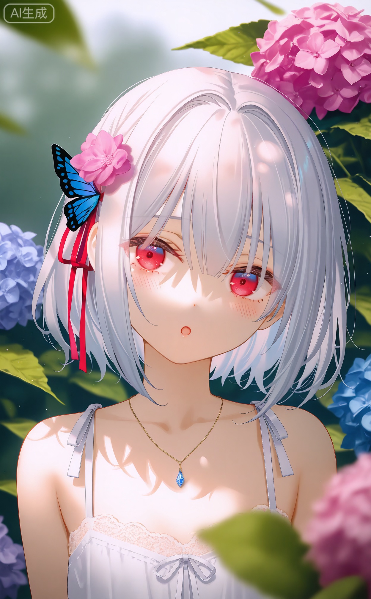 masterpiece,absurdres,best quality,petite,high quality,chromatic_aberration,
//,
1girl,hair ornament,solo,necklace,flower,jewelry,looking at viewer,red eyes,white hair,ribbon,butterfly,:o,red ribbon,bug,butterfly hair ornament,hair ribbon,head tilt,portrait,blush,blurry,short hair,hair flower,bare shoulders,crystal,plant,pink flower,parted lips,blurry background,hydrangea,leaf,hair intakes,collarbone,blurry foreground,open mouth,
//,
photorealistic,Artist:na-ga,(quasarcake:0.2),(wanke:0.9),[Artist:chen bin],Artist:tidsean,[Artist:sk (askzy)],(artist:tokkyu:0.5),(artist:momoko \(momopoco\):0.5),himitsu_(hi_mi_tsu_2),
