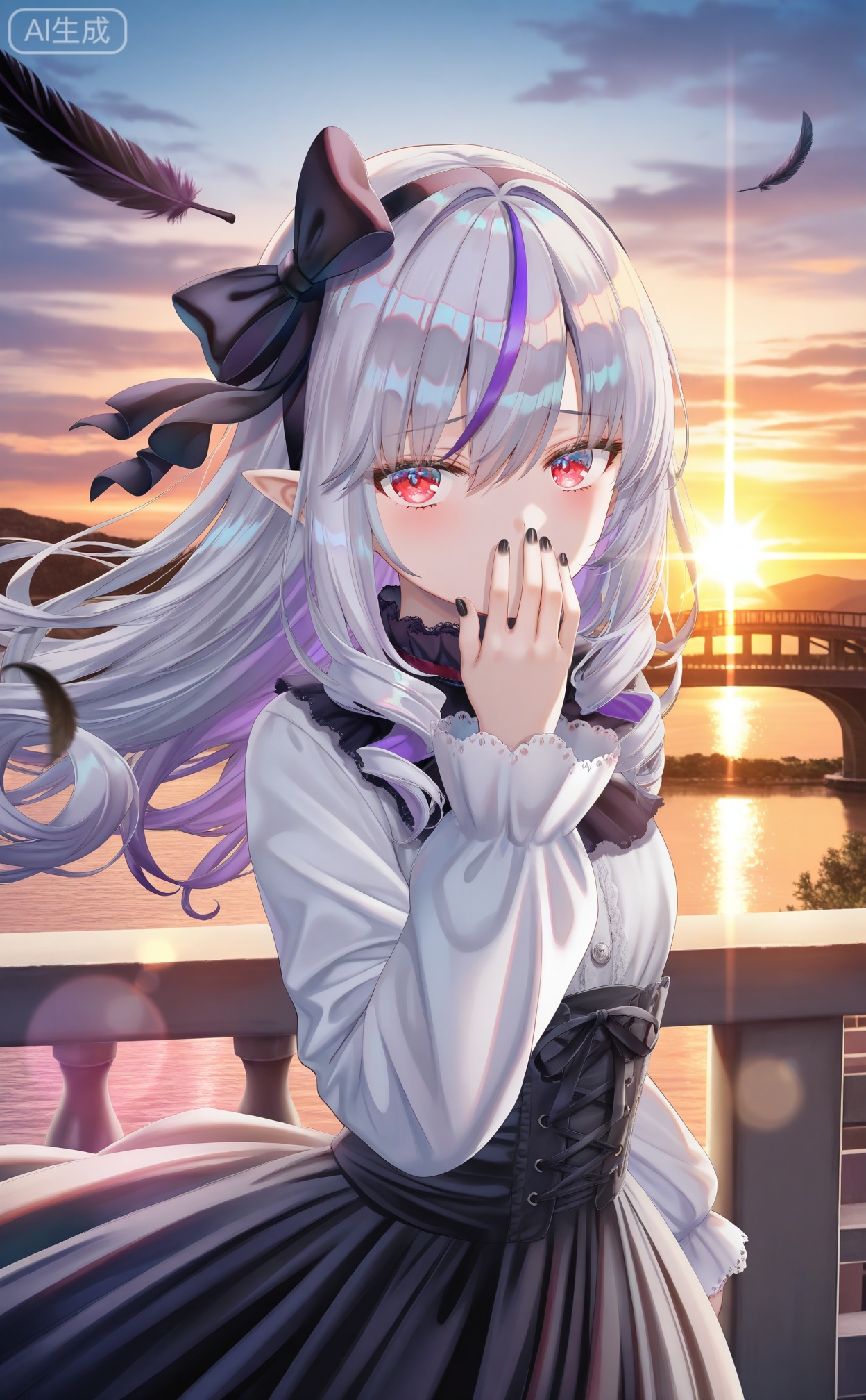 masterpiece,absurdres,best quality,petite,high quality,chromatic_aberration,
//,
vivian banshee,1girl, virtual youtuber, solo, pointy ears, red eyes, black nails, long hair, covering own mouth, sketch, looking at viewer, black bow, multicolored hair, bow, hair bow, long sleeves, outdoors, sunset, upper body, feathers, purple hair, lens flare, shirt, diffraction spikes, streaked hair, hand over own mouth, grey hair, bridge, white shirt, nail polish, floating hair, covered mouth, cloud, evening, sun, backlighting, lolita fashion, sky
//,
torino_aqua,year 2024,(takemura_kou:0.8),(wlop:0.4),(kfr:0.5),(toosaka_asagi:0.7),(konya_karasue:0.7),