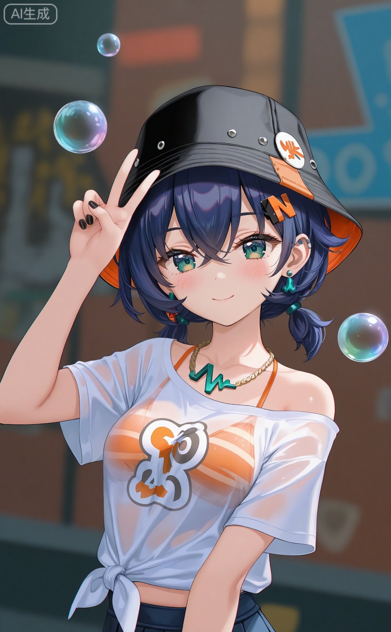 masterpiece,absurdres,best quality,petite,high quality,chromatic_aberration,
//,
belle (zenless zone zero) ,
belle (summer skies) (zenless zone zero),1girl, v, solo, bucket hat, shirt, swimsuit, hair between eyes, hat, smile, jewelry, looking at viewer, white shirt, green eyes, bikini, upper body, black headwear, blush, bubble, short hair, black nails, blue hair, dark blue hair, short twintails, bikini under clothes, twintails, closed mouth, tied shirt, earrings, breasts, small breasts, nail polish, see-through, short sleeves, crossed bangs, hand up, blurry background, off shoulder, blurry, necklace
//,
(artist:tokkyu:0.5),(artist:momoko \(momopoco\):0.5),(artist:ask \(askzy\):0.5),(artist:yuyumu:0.4),(artist:dsmile:0.5),(artist:atdan:0.5),(artist:mignon:0.5),(Artist:yunsang,gomzi:0.7),cowboy shot,
(atist:Torino aqua:0.5),
//,
official art,depth of field,detailed light,blurry background,best shadow,shiny skin,cinematic lighting,ray tracing,
amazing quality,very aesthetic,absurdres,beast quality,ultra detailed,newest,8K,HDR,