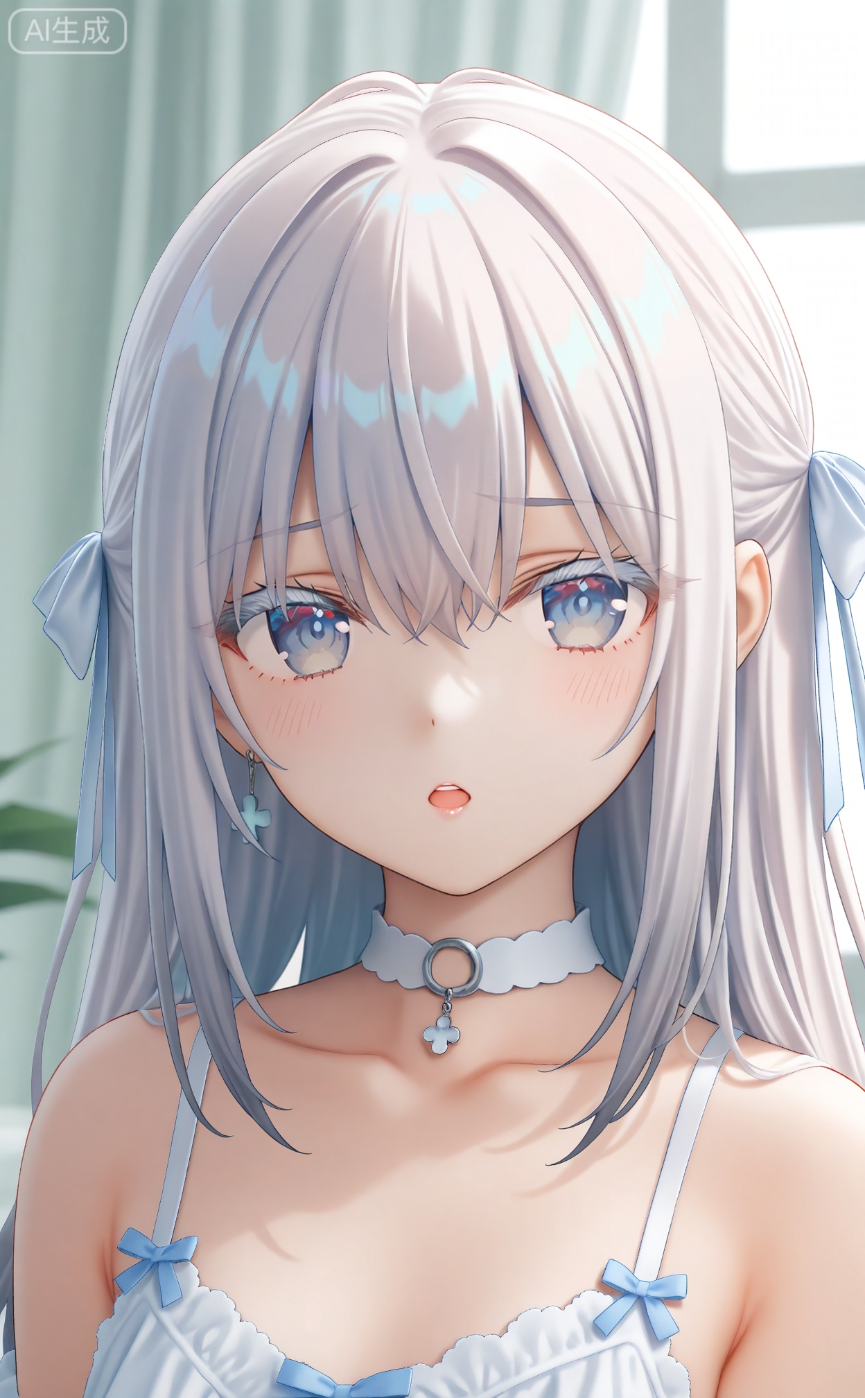 masterpiece,absurdres,best quality,petite,high quality,chromatic_aberration,mmd,
//,
1girl, solo, collarbone, looking_at_viewer, long_hair, curtains, hair_between_eyes, parted_lips, bow, choker, window, white_theme, white_bow, hair_ornament, bare_shoulders, white_hair, transparent, grey_eyes, white_choker, portrait, blue_eyes, teeth, hair_bow, indoors, upper_teeth_only, white_eyes, open_mouth, ribbon, colored_eyelashes
//,
potorealistic,((Artist:na-ga)),artist:luvluvvox,artist:fukai ryosuke,[artist:Torino aqua],artist:minato hitori,hiten_(hitenkei),artist:rurudo,artist:lazuri7,artist:yunikon,artist:ramchi,(courreges_ace),