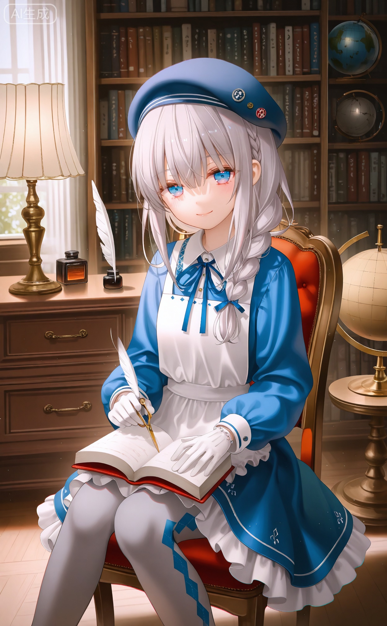 masterpiece,absurdres,best quality,petite,high quality,chromatic_aberration,
//,
1girl, book, solo, blue eyes, hat, bookshelf, globe, sitting, braid, chair, open book, painting (medium), pantyhose, smile, argyle clothes, long hair, argyle legwear, traditional media, quill, watercolor (medium), library, desk, apron, dress, lamp, holding, grey pantyhose, looking at viewer, grey hair, inkwell, indoors, lantern, hair over shoulder, beret, gloves, long sleeves, scissors
//,
photorealistic,Artist myowa,Artist:na-ga,(quasarcake:0.2),(wanke:0.9),[Artist:chen bin],Artist:tidsean,[Artist:sk (askzy)],(artist:tokkyu:0.5),(artist:momoko \(momopoco\):0.5),himitsu_(hi_mi_tsu_2),