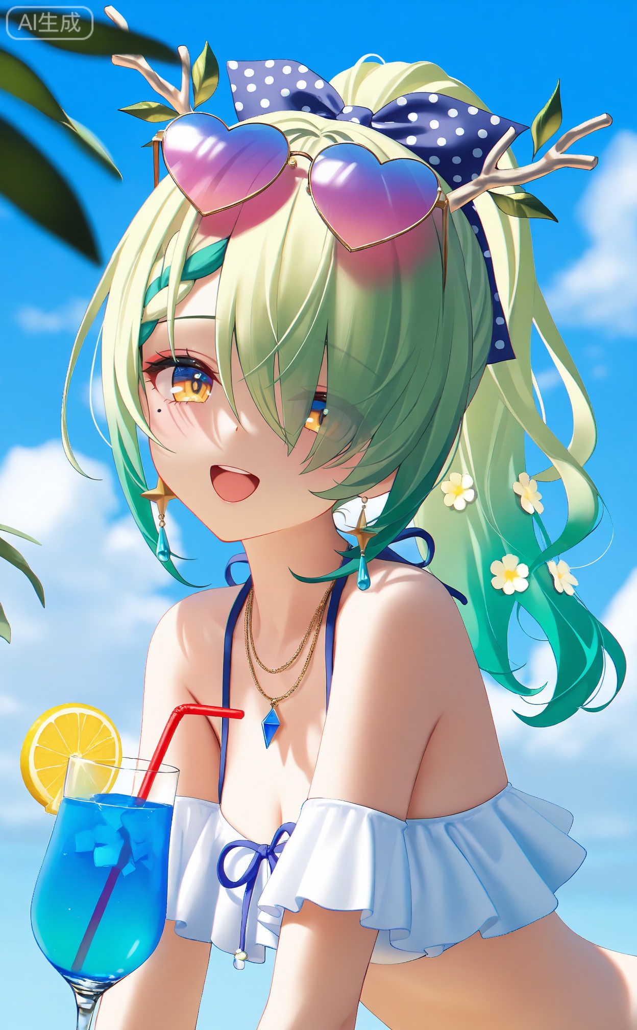 masterpiece,absurdres,best quality,petite,high quality,chromatic_aberration,mmd,
//,
ceres_fauna, virtual_youtuber, antlers, green_hair, yellow_eyes, eyewear_on_head, jewelry, sunglasses, horns, mole, mole_under_eye, smile, tinted_eyewear, looking_at_viewer, earrings, lemon, braid, outdoors, 1girl, ribbon, lemon_slice, open_mouth, hair_over_one_eye, necklace, swimsuit, ponytail, heart, hair_ribbon, food, sky, flower, frills, solo, fruit, hair_ornament, cloud, long_hair, hair_flower, day, :d, purple-tinted_eyewear, bikini, leaf, blue_sky, bow, heart-shaped_eyewear, branch, white_bikini, bare_shoulders, alternate_hairstyle, cup, eyes_visible_through_hair, braided_bangs, drinking_glass, pink-tinted_eyewear, blonde_hair, alternate_costume, white_flower, polka_dot_bow
//, 
very aesthetic,absurdres,newest,masterpiece,safe,amazing quality,(aestivation:1.4),shitsurakuen_(paradise_lost),(nasii:0.4),(toosaka asagi:0.4),(atdan:0.4),(iumu:0.72),(wlop:0.72),96YOTTEA,Konya Karasue,(omone_hokoma_agm:0.3),Artist:chen bin,
//, 
