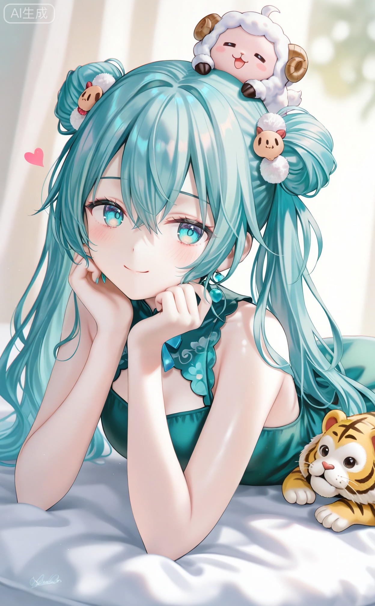 masterpiece,absurdres,best quality,((petite)),high quality,chromatic_aberration,shiny_skin,
//,
 1girl, hatsune_miku, double_bun, smile, hair_bun, looking_at_viewer, on_stomach, tiger, solo, head_rest, lion, lying, aqua_hair, aqua_eyes, heart, closed_mouth, dress, pom_pom_hair_ornament, hair_between_eyes, sleeveless, blush, pom_pom_\(clothes\), monkey, hands_on_own_face, on_head, hands_on_own_cheeks, animal, sheep, hair_ornament, blue_hair, signature, blue_eyes, animal_on_head, goat, sleeveless_dress, light_blush, creature, upper_body, green_dress
//,
(momoko_(momopoco):0.9),(momomoi_momoi:0.8),(misyune:0.75),(meion:1),(miwano_rag:0.6),(myowa:0.7),(myuu_(arisumeria):0.7),(myusha:0.9),
//,
Cinematic Lighting,depth_of_field,pastel colors,subsurface scattering,blurry,game_cg,