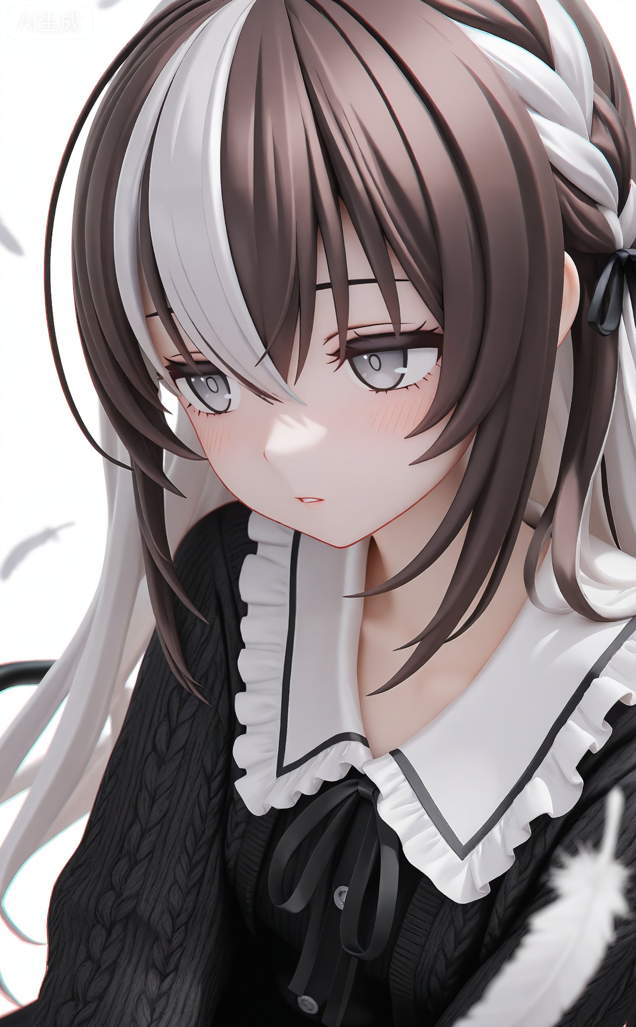 masterpiece,absurdres,best quality,petite,high quality,chromatic_aberration,mmd,
//,
1girl,solo,braid,long_hair,frilled_shirt_collar,white_background,chair,ribbon,frills,simple_background,black_ribbon,black_cardigan,brown_hair,dutch_angle,upper_body,neck_ribbon,cardigan,grey_eyes,frilled_collar,parted_lips,feathers,multicolored_hair,expressionless,shirt,sweater,frilled_sailor_collar,sidelocks,hair_ribbon,sitting,two-tone_hair,hair_between_eyes,dress,looking_ahead,grey_hair,frilled_shirt,black_sweater,cable_knit,black_eyes,blush,black_dress,white_hair,on_chair,black_hair,