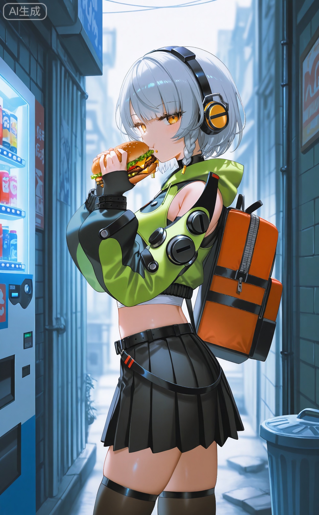 masterpiece,absurdres,best quality,petite,high quality,chromatic_aberration,
//,
anby demara,1girl,headphones,solo,skirt,burger,trash can,black skirt,thighhighs,vending machine,black thighhighs,short hair,food,jacket,holding food,green jacket,holding,multicolored jacket,looking at viewer,orange eyes,eating,two-tone jacket,grey hair,zettai ryouiki,alley,midriff,long sleeves,backpack,multicolored clothes,sign,bag,pleated skirt,crop top,cropped jacket,from side,yellow eyes,
//,
artist:Konya Karasue,(artist:rella:0.8),(artist:konya karasue:0.8),(artist:misaka_12003-gou:0.6),(artist:quasarcake:0.6),