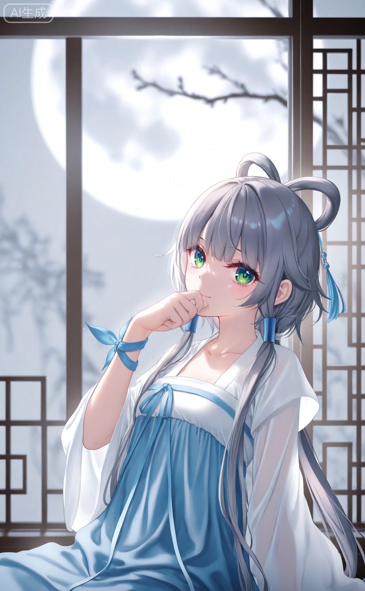 masterpiece,absurdres,best quality,petite,high quality,chromatic_aberration,
//,
1girl,luo_tianyi,solo,close-up,light_smile,chinese clothes,Light blue,hanfu,see-through white shawl,collarbone,sleeves past fingers,wide sleeves,tassel,wrist ribbon,qinghua,porcelain,covering mouth,hand up,arm at side,head tilt,tree branch,{full moon,moonlight},lattice,smile,looking at viewer,white Theme,sitting in window,leaning back,blurry background,rays,bloom,
//,
year_2023,year_2024,{gawako},{atdan},{machi_(machi0910)},{torino_aqua},{izumi_tsubasu},[as109],{ke-ta},{{sho_(sho_lwlw)}},{rhasta},{tidsean},{chiaroscuro},{wlop},[toosaka_asagi],{nixeu},[chen_bin],{jima},year_2025,
//,
official art,depth of field,detailed light,blurry background,cinematic lighting,ray tracing,