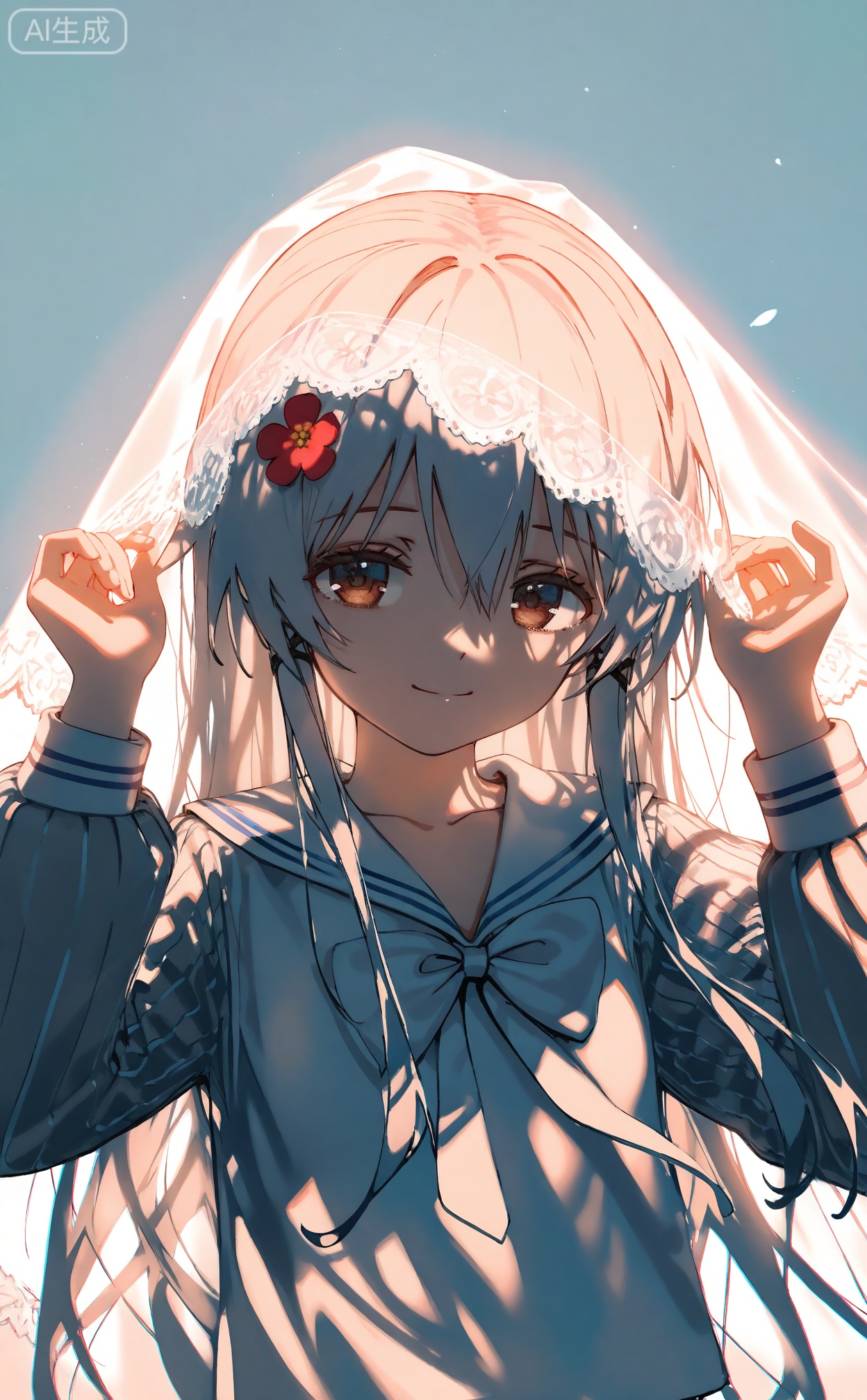 masterpiece,absurdres,best quality,((petite)),high quality,chromatic_aberration,shiny_skin,mmd,
//,
1girl, solo, veil, long_hair, smile, long_sleeves, sailor_collar, looking_at_viewer, hair_between_eyes, shirt, flower, hair_ornament, puffy_long_sleeves, white_shirt, hair_flower, closed_mouth, school_uniform, white_background, upper_body, white_hair, serafuku, rose, puffy_sleeves, light_particles, simple_background, brown_eyes, white_sailor_collar, backlighting, muted_color, white_theme, white_bow, hands_up, bridal_veil, portrait, grey_hair
//,
(shiratama \(shiratamaco\)),{{umehara sei}},(((wlop))),{chen bin},((((ciloranko)))),{onineko},{noyu},{konya_karasue},