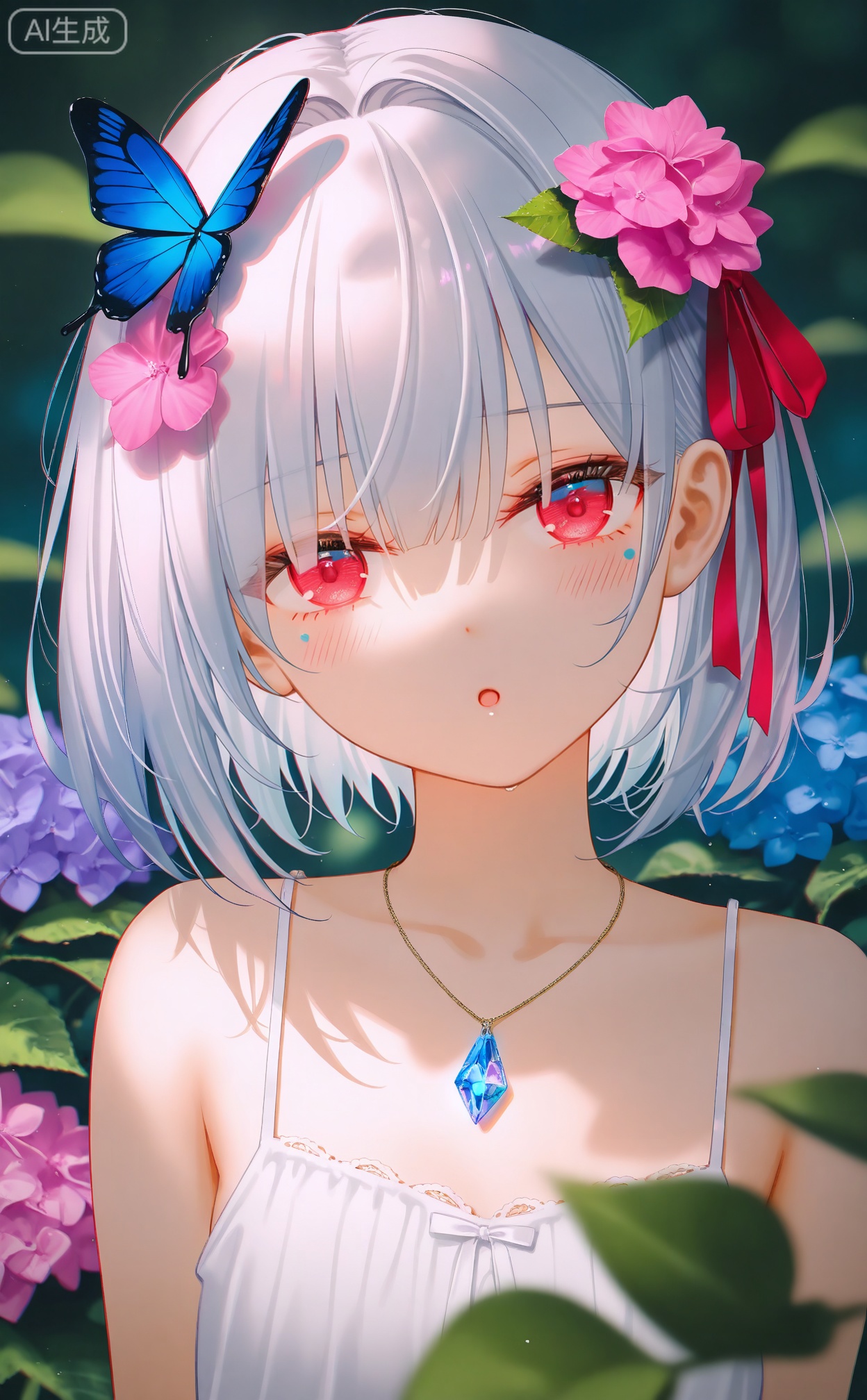 masterpiece,absurdres,best quality,petite,high quality,chromatic_aberration,
//,
1girl,hair ornament,solo,necklace,flower,jewelry,looking at viewer,red eyes,white hair,ribbon,butterfly,:o,red ribbon,bug,butterfly hair ornament,hair ribbon,head tilt,portrait,blush,blurry,short hair,hair flower,bare shoulders,crystal,plant,pink flower,parted lips,blurry background,hydrangea,leaf,hair intakes,collarbone,blurry foreground,open mouth,
//,
photorealistic,Artist:na-ga,(quasarcake:0.2),(wanke:0.9),[Artist:chen bin],Artist:tidsean,[Artist:sk (askzy)],(artist:tokkyu:0.5),(artist:momoko \(momopoco\):0.5),himitsu_(hi_mi_tsu_2),