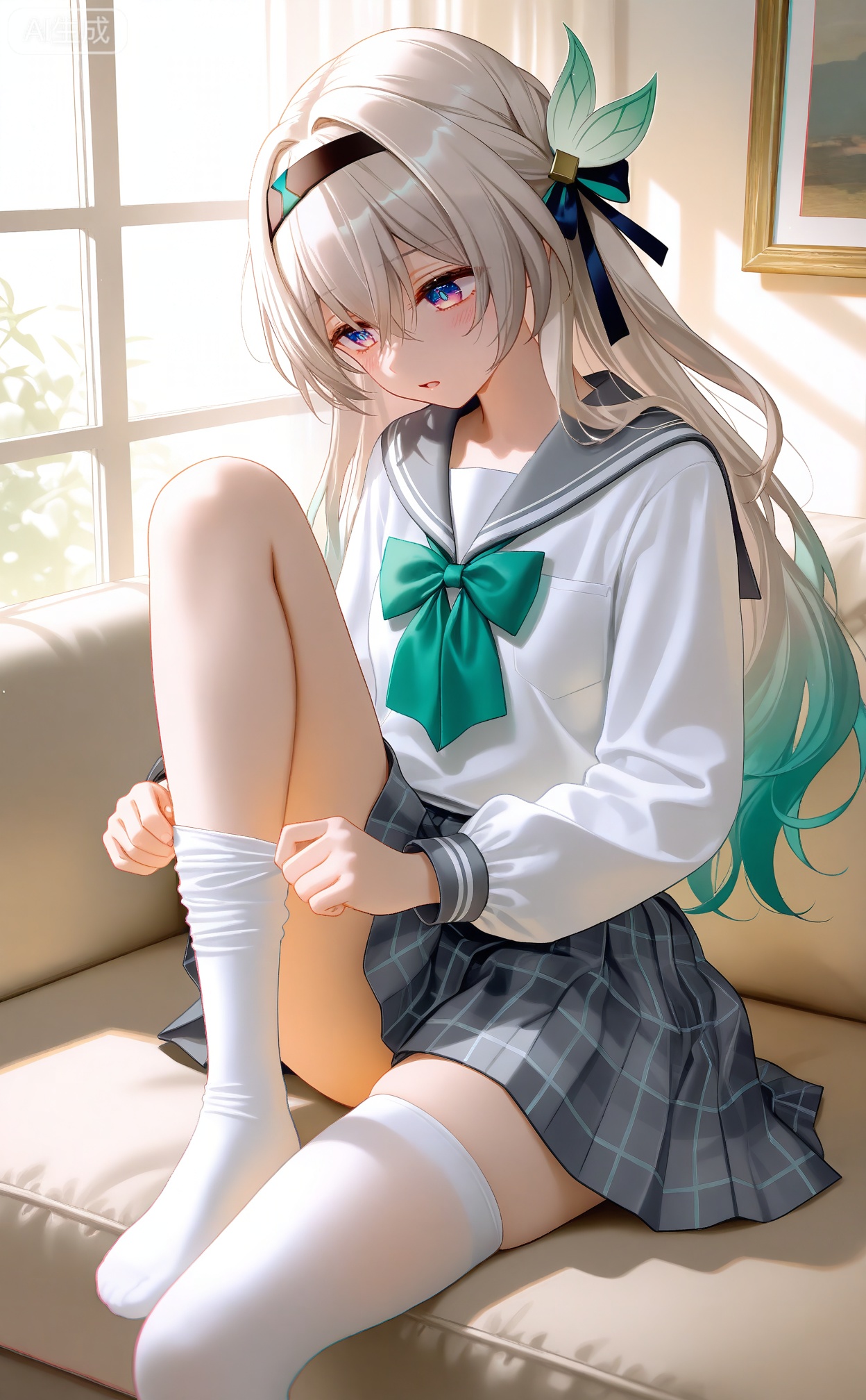 masterpiece,absurdres,best quality,,petite,high quality,chromatic_aberration,mmd,
//,
firefly (honkai: star rail),1girl,thighhighs,solo,white thighhighs,skirt,bow,gradient hair,long hair,school uniform,multicolored hair,sailor collar,hairband,sitting,long sleeves,green bow,blush,bowtie,thighs,grey skirt,indoors,pleated skirt,green bowtie,hair ribbon,white shirt,grey hair,shirt,serafuku,purple eyes,no shoes,ribbon,black hairband,open mouth,crossed bangs,hair between eyes,skindentation,hair ornament,couch,curtains,blue pupils,adjusting legwear,sidelocks,plaid,knee up,zettai ryouiki,grey sailor collar,on couch,neckerchief,picture frame,hair intakes,black ribbon,multicolored eyes,parted lips,window,hair bow,white hair,dressing,plaid skirt,looking down
//,
photorealistic,Artist myowa,Artist:na-ga,(quasarcake:0.2),(wanke:0.9),[Artist:chen bin],Artist:tidsean,[Artist:sk (askzy)],(artist:tokkyu:0.5),(artist:momoko \(momopoco\):0.5),himitsu_(hi_mi_tsu_2),