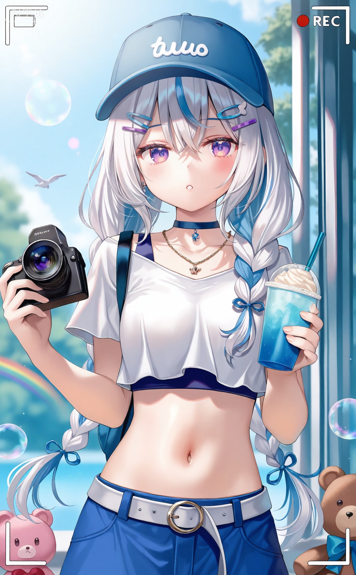 masterpiece,absurdres,best quality,((petite)),high quality,chromatic_aberration,hiny_skin,
//,
1girl, solo, long hair, breasts, looking at viewer, bangs, skirt, shirt, hair ornament, hat, navel, holding, jewelry, purple eyes, braid, white hair, multicolored hair, outdoors, parted lips, food, choker, day, hairclip, midriff, belt, necklace, bag, twin braids, cup, blue skirt, crop top, fruit, bird, stuffed toy, stuffed animal, holding cup, baseball cap, blue headwear, bubble, blue shorts, teddy bear, drinking straw, shoulder bag, camera, rainbow, holding camera, viewfinder ,backlighting,blue and white theme,depth of field,cinematic lighting,light particles,lens flare
//,
(momoko_(momopoco):0.9),(momomoi_momoi:0.8),(misyune:0.75),(meion:1),(miwano_rag:0.6),(myowa:0.7),(myuu_(arisumeria):0.7),(myusha:0.9),