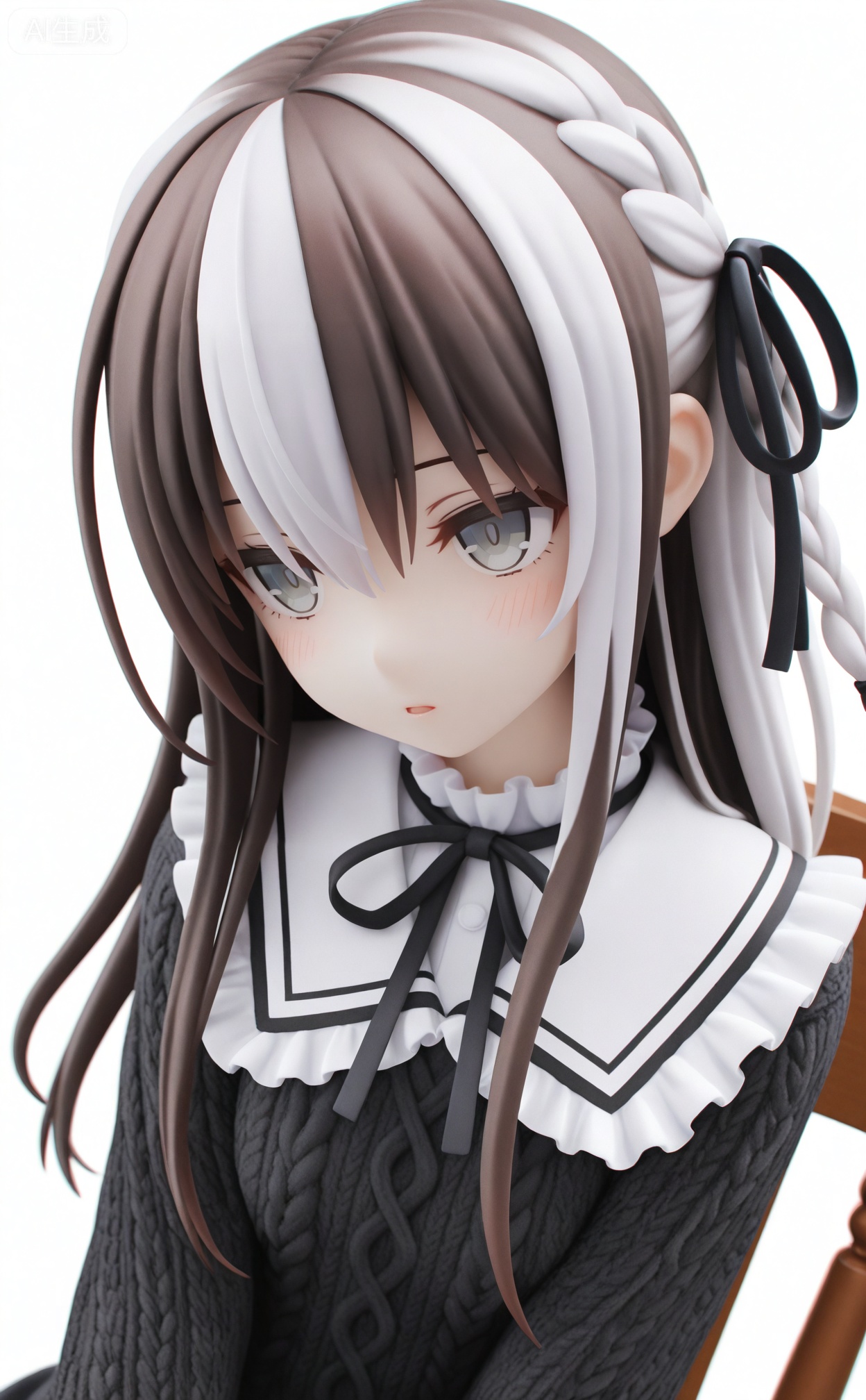 masterpiece,absurdres,best quality,petite,high quality,chromatic_aberration,mmd,
//,
1girl,solo,braid,long_hair,frilled_shirt_collar,white_background,chair,ribbon,frills,simple_background,black_ribbon,black_cardigan,brown_hair,dutch_angle,upper_body,neck_ribbon,cardigan,grey_eyes,frilled_collar,parted_lips,feathers,multicolored_hair,expressionless,shirt,sweater,frilled_sailor_collar,sidelocks,hair_ribbon,sitting,two-tone_hair,hair_between_eyes,dress,looking_ahead,grey_hair,frilled_shirt,black_sweater,cable_knit,black_eyes,blush,black_dress,white_hair,on_chair,black_hair,