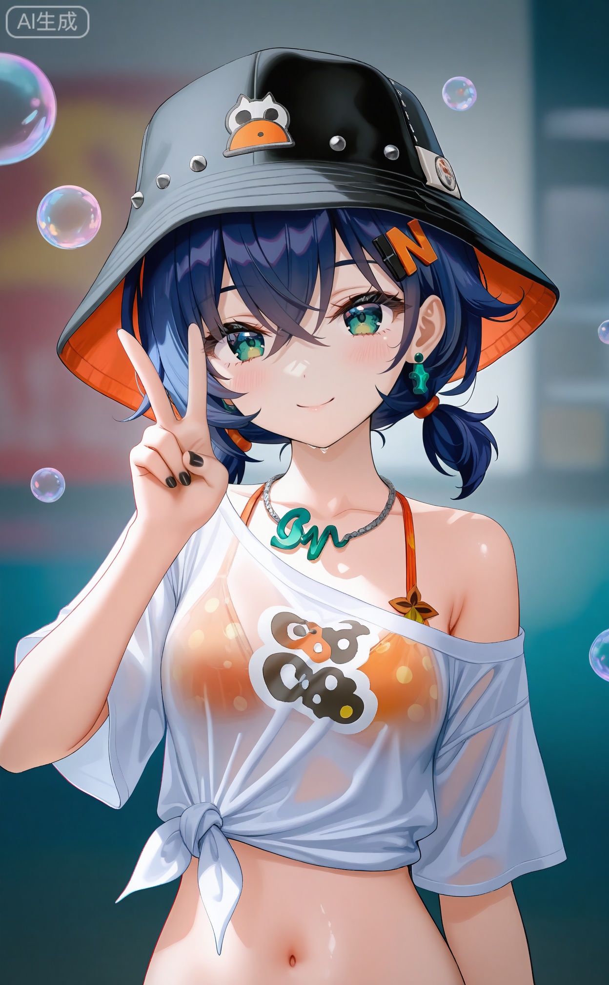 masterpiece,absurdres,best quality,petite,high quality,chromatic_aberration,
//,
belle (zenless zone zero) ,
belle (summer skies) (zenless zone zero),1girl, v, solo, bucket hat, shirt, swimsuit, hair between eyes, hat, smile, jewelry, looking at viewer, white shirt, green eyes, bikini, upper body, black headwear, blush, bubble, short hair, black nails, blue hair, dark blue hair, short twintails, bikini under clothes, twintails, closed mouth, tied shirt, earrings, breasts, small breasts, nail polish, see-through, short sleeves, crossed bangs, hand up, blurry background, off shoulder, blurry, necklace
//,
(artist:tokkyu:0.5),(artist:momoko \(momopoco\):0.5),(artist:ask \(askzy\):0.5),(artist:yuyumu:0.4),(artist:dsmile:0.5),(artist:atdan:0.5),(artist:mignon:0.5),(Artist:yunsang,gomzi:0.7),cowboy shot,
(atist:Torino aqua:0.5),
//,
official art,depth of field,detailed light,blurry background,best shadow,shiny skin,cinematic lighting,ray tracing,
amazing quality,very aesthetic,absurdres,beast quality,ultra detailed,newest,8K,HDR,