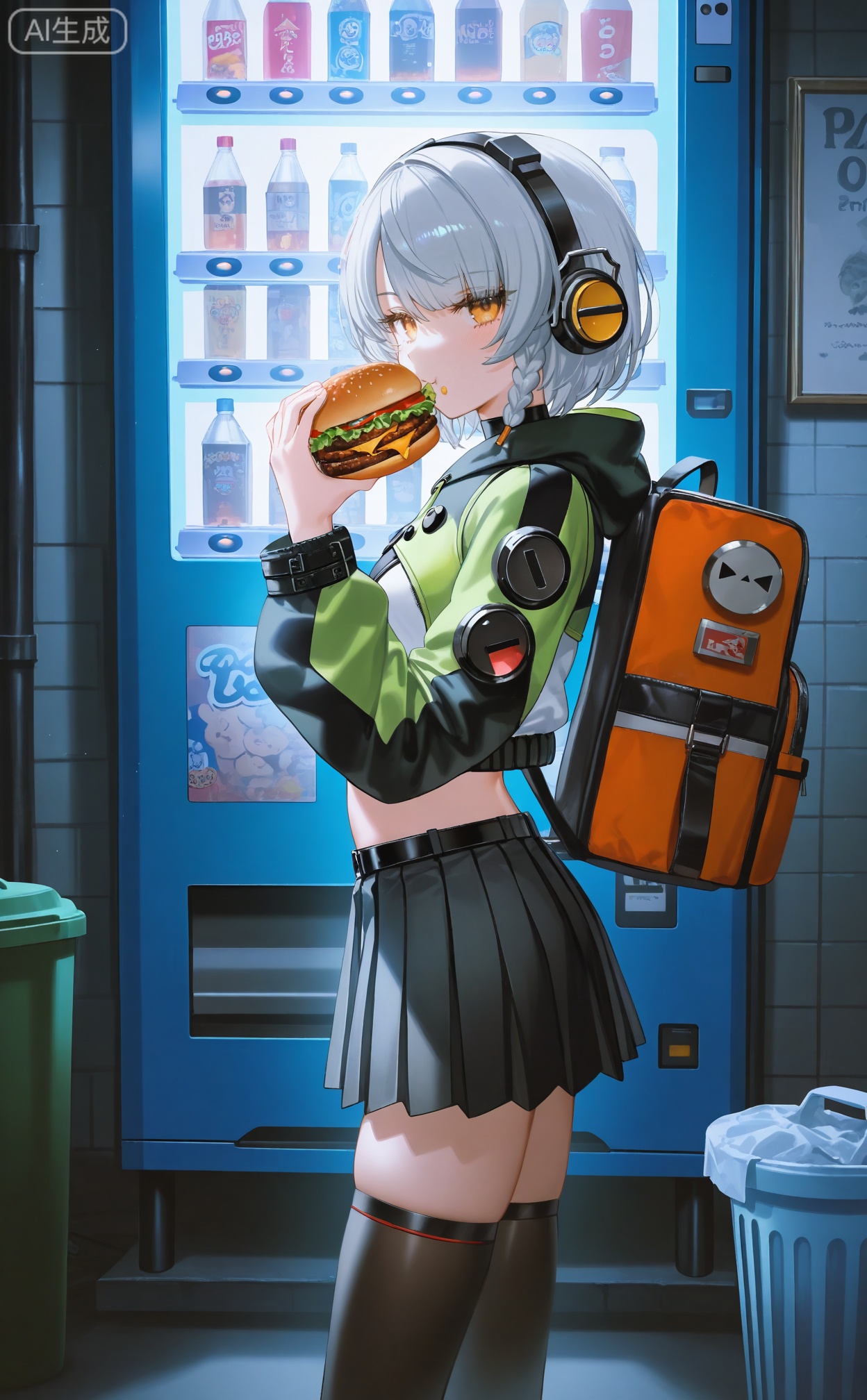 masterpiece,absurdres,best quality,petite,high quality,chromatic_aberration,
//,
anby demara,1girl,headphones,solo,skirt,burger,trash can,black skirt,thighhighs,vending machine,black thighhighs,short hair,food,jacket,holding food,green jacket,holding,multicolored jacket,looking at viewer,orange eyes,eating,two-tone jacket,grey hair,zettai ryouiki,alley,midriff,long sleeves,backpack,multicolored clothes,sign,bag,pleated skirt,crop top,cropped jacket,from side,yellow eyes,
//,
artist:Konya Karasue,(artist:rella:0.8),(artist:konya karasue:0.8),(artist:misaka_12003-gou:0.6),(artist:quasarcake:0.6),