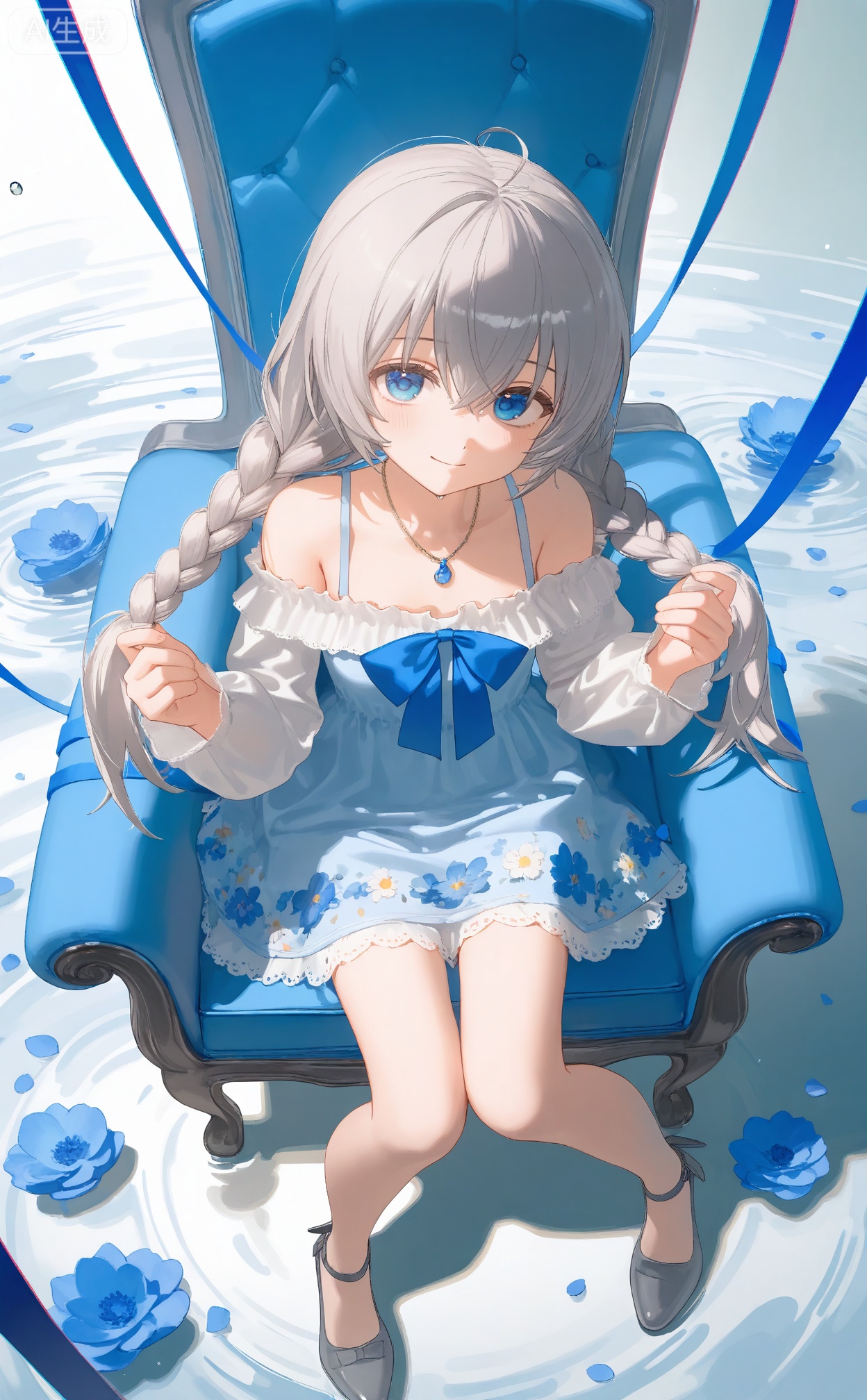 masterpiece,absurdres,best quality,petite,high quality,chromatic_aberration,mmd,
//,
1girl,flower,solo,looking at viewer,sitting,long hair,blue eyes,dress,blue flower,chair,from above,grey hair,smile,blush,closed mouth,floral print,necklace,long sleeves,bow,hair between eyes,off shoulder,off-shoulder dress,jewelry,knees together feet apart,blue bow,bare shoulders,on chair,white dress,holding hair,looking up,braid,hands up,water,water drop,petals,very long hair,ripples,cover image,shoes,grey footwear,black footwear,novel cover,ribbon,hair ornament,armchair,holding,blue ribbon,blue dress,
//,
(ciloranko:0.9),(wanke:0.5),(umehara_sei:1.2),(shiina_1001:0.8),(chiu538:0.7),(sakura_(39ra):0.6),(qizhu:0.88),(mikisai:0.5),