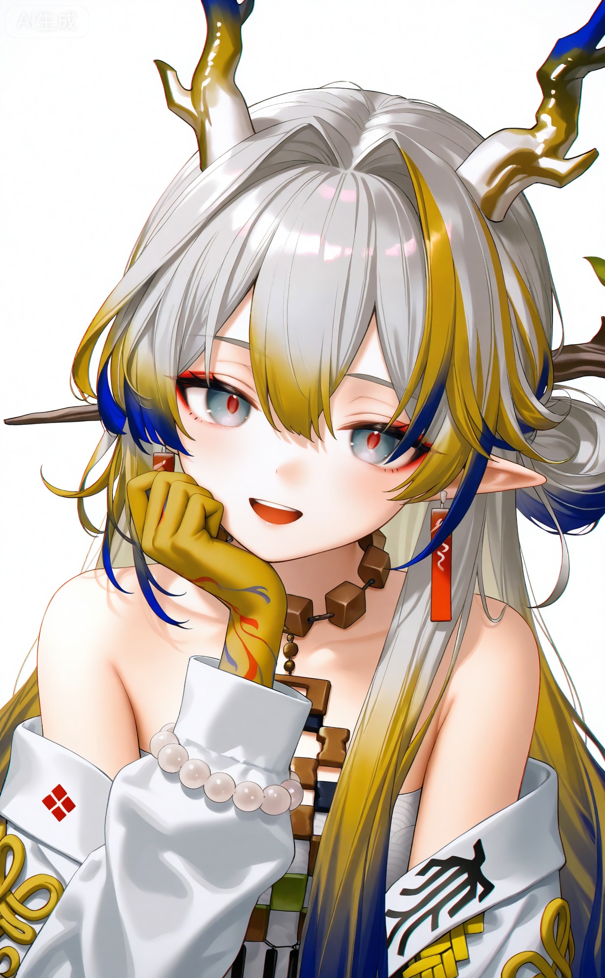 masterpiece,highres,absurdres,newest,best quality,((petite)),high quality,chromatic_aberration, 
//, 
shu (arknights),1girl, solo, jewelry, horns, dragon horns, blue hair, white background, white jacket, pointy ears, bead bracelet, bracelet, multicolored hair, simple background, grey eyes, dragon girl, grey hair, off shoulder, looking at viewer, upper body, jacket, tassel earrings, colored skin, red eyeliner, upper teeth only, earrings, smile, open mouth, bare shoulders, long hair, tassel, red pupils, hair intakes, long sleeves, blonde hair, eyeliner, beads, teeth, hand on own face, streaked hair, colored tips, signature, makeup, strapless shirt, hair ornament, necklace, hand up, head rest, open jacket, hand on own cheek, hair stick, yellow skin, :d, strapless, shirt, branch, sidelocks, white shirt, green hair
//,
(rhasta:0.9),Artist:na-ga,(kiwi500g:1.1),(quasarcake:0.2),(wanke:0.9),(iumu:0.72),(toosaka asagi:0.4),(Artist:chen bin:0.9), 