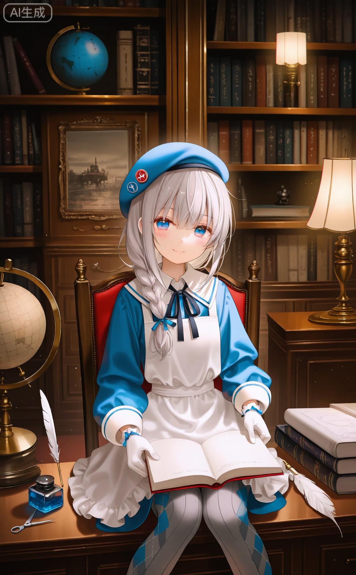 masterpiece,absurdres,best quality,petite,high quality,chromatic_aberration,
//,
1girl, book, solo, blue eyes, hat, bookshelf, globe, sitting, braid, chair, open book, painting (medium), pantyhose, smile, argyle clothes, long hair, argyle legwear, traditional media, quill, watercolor (medium), library, desk, apron, dress, lamp, holding, grey pantyhose, looking at viewer, grey hair, inkwell, indoors, lantern, hair over shoulder, beret, gloves, long sleeves, scissors
//,
photorealistic,Artist myowa,Artist:na-ga,(quasarcake:0.2),(wanke:0.9),[Artist:chen bin],Artist:tidsean,[Artist:sk (askzy)],(artist:tokkyu:0.5),(artist:momoko \(momopoco\):0.5),himitsu_(hi_mi_tsu_2),