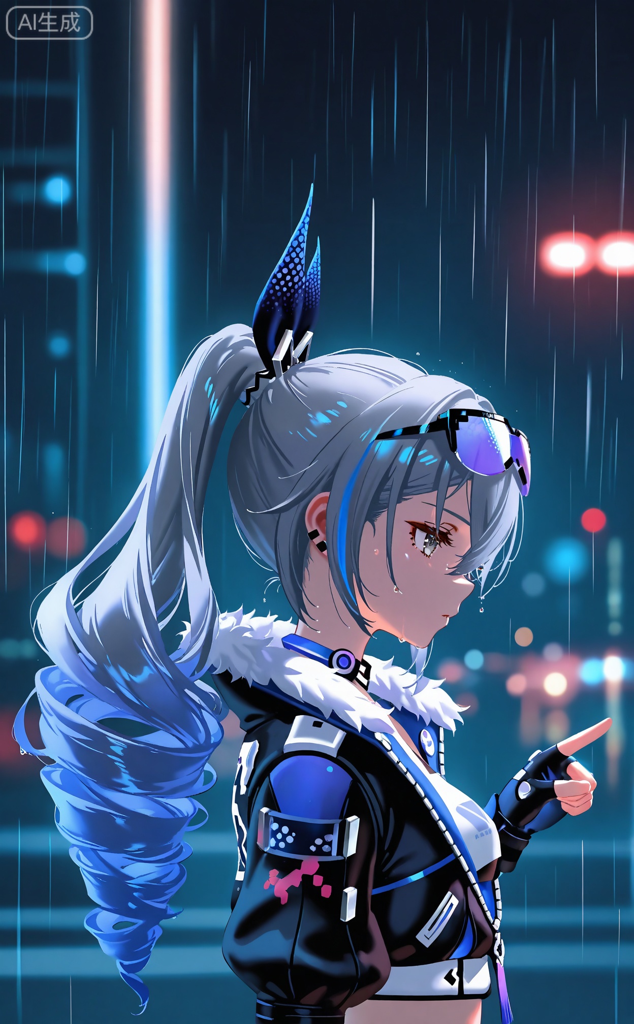 masterpiece,absurdres,best quality,petite,high quality,chromatic_aberration,
//,
nixeu:0.5,yoneyama mai:0.5,1girl,solo,silver wolf \(honkai: star rail\),honkai \(series\),
//,
cyberpunk,street,night,darkness,metallic texture,from side,ray tracing,pointing to you,rain drops on the girl,strong color performance,oil painting style