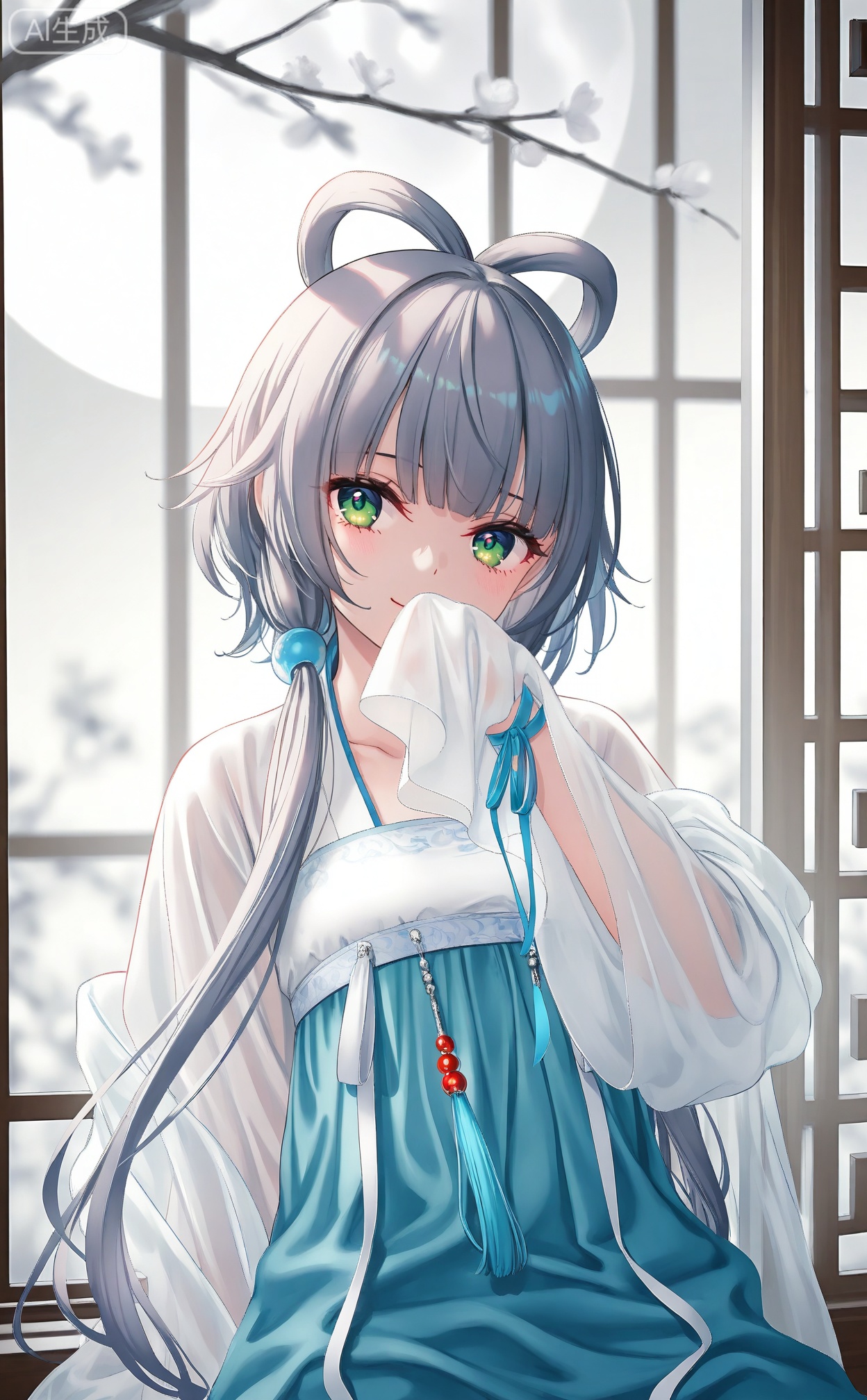 masterpiece,absurdres,best quality,petite,high quality,chromatic_aberration,
//,
1girl,luo_tianyi,solo,close-up,light_smile,chinese clothes,Light blue,hanfu,see-through white shawl,collarbone,sleeves past fingers,wide sleeves,tassel,wrist ribbon,qinghua,porcelain,covering mouth,hand up,arm at side,head tilt,tree branch,{full moon,moonlight},lattice,smile,looking at viewer,white Theme,sitting in window,leaning back,blurry background,rays,bloom,
//,
year_2023,year_2024,{gawako},{atdan},{machi_(machi0910)},{torino_aqua},{izumi_tsubasu},[as109],{ke-ta},{{sho_(sho_lwlw)}},{rhasta},{tidsean},{chiaroscuro},{wlop},[toosaka_asagi],{nixeu},[chen_bin],{jima},year_2025,
//,
official art,depth of field,detailed light,blurry background,cinematic lighting,ray tracing,
