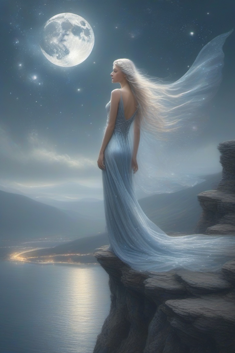 AnnRin_Crystaglide,  elegant illustration of a moon fairy with iridescent silver wings glowing softly under the night sky,...
