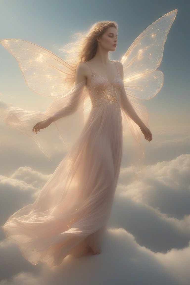 AnnRin_Crystaglide,  fantasy art of a light fairy with radiant wings made of shimmering light,  soft pastel glow envelopin...