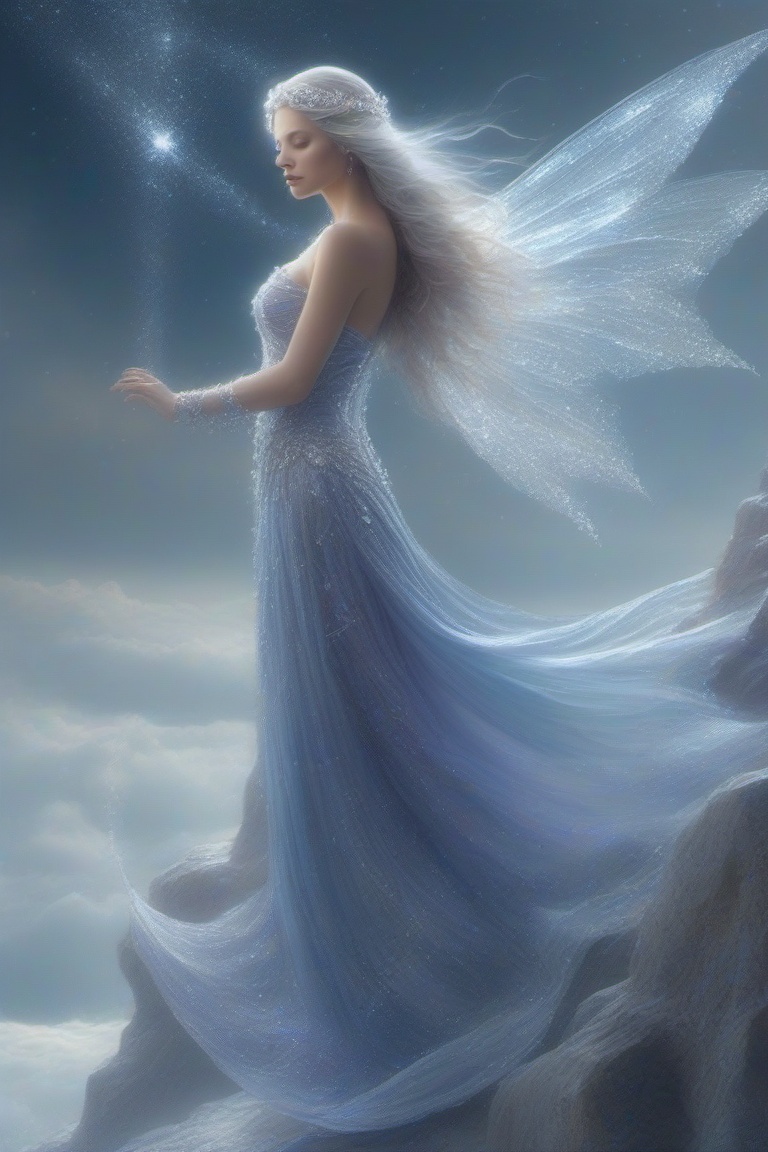 AnnRin_Crystaglide,  detailed fantasy illustration of a crystal fairy with translucent crystalline wings glowing in soft b...