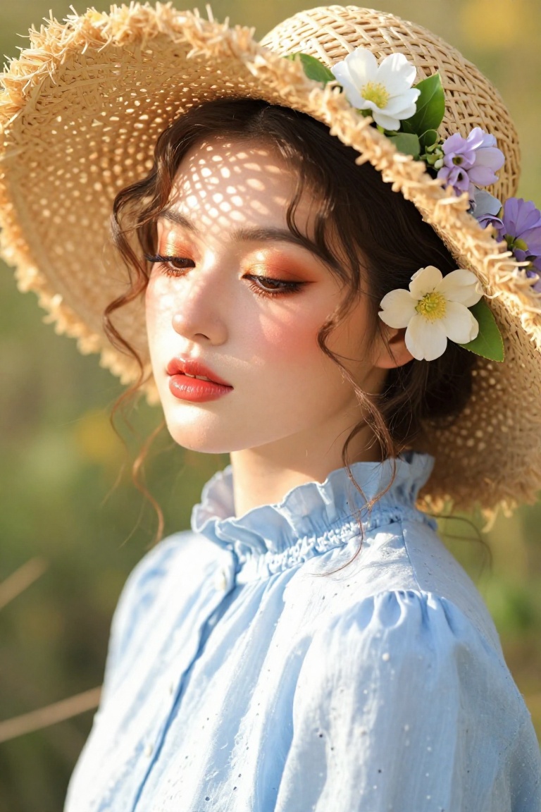 A delicate young East Asian woman with soft,  porcelain skin and gentle features — likely Japanese or Chinese in appearanc...
