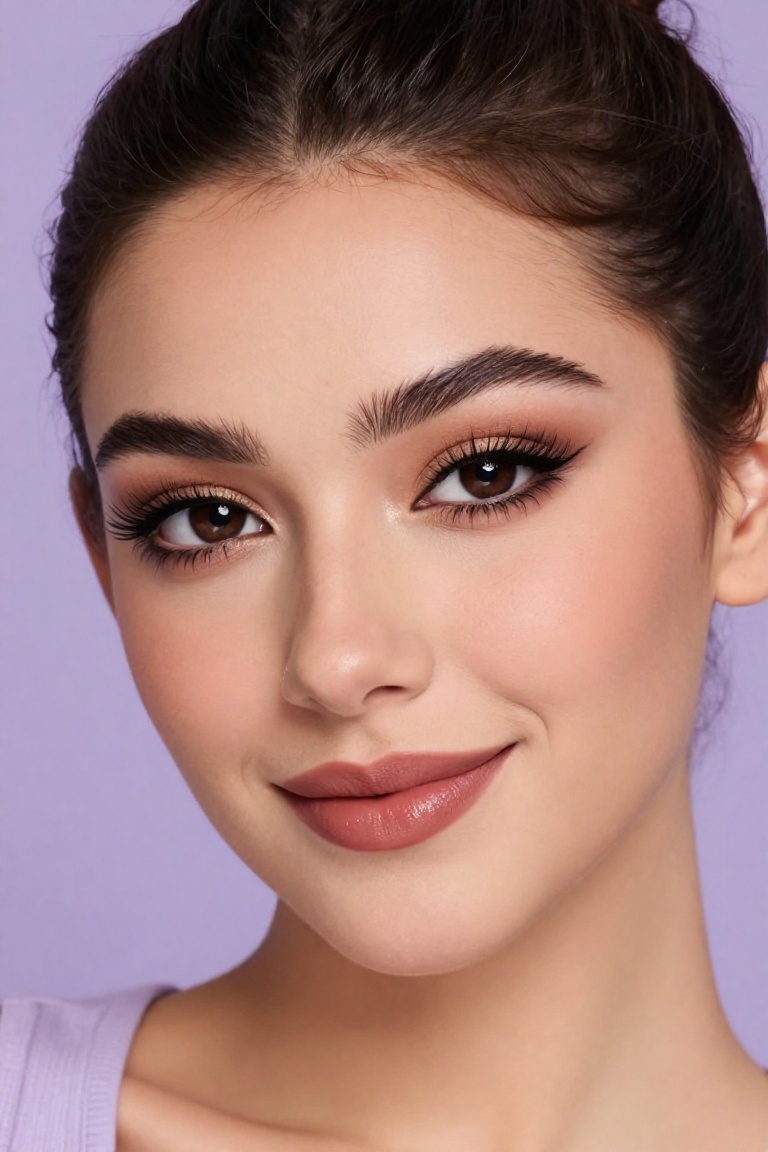 A close-up portrait of a young woman with dark brown eyes and a slight smile on her face. Her hair is pulled back into a b...