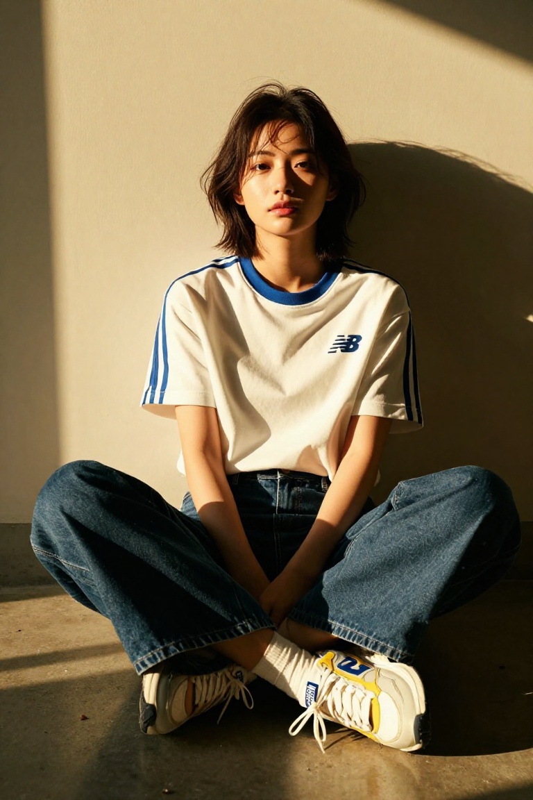 A young East Asian woman sits cross-legged on concrete floor against a plain beige wall,  bathed in warm golden sunlight s...