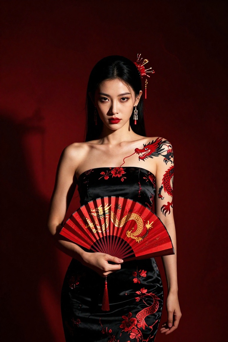 A young East Asian woman stands centered against a deep crimson smoke-filled backdrop. She wears a black strapless gown wi...