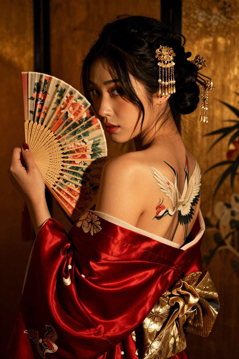 A young East Asian woman with dark hair styled in an elegant updo,  adorned with ornate gold hairpins and dangling beads....