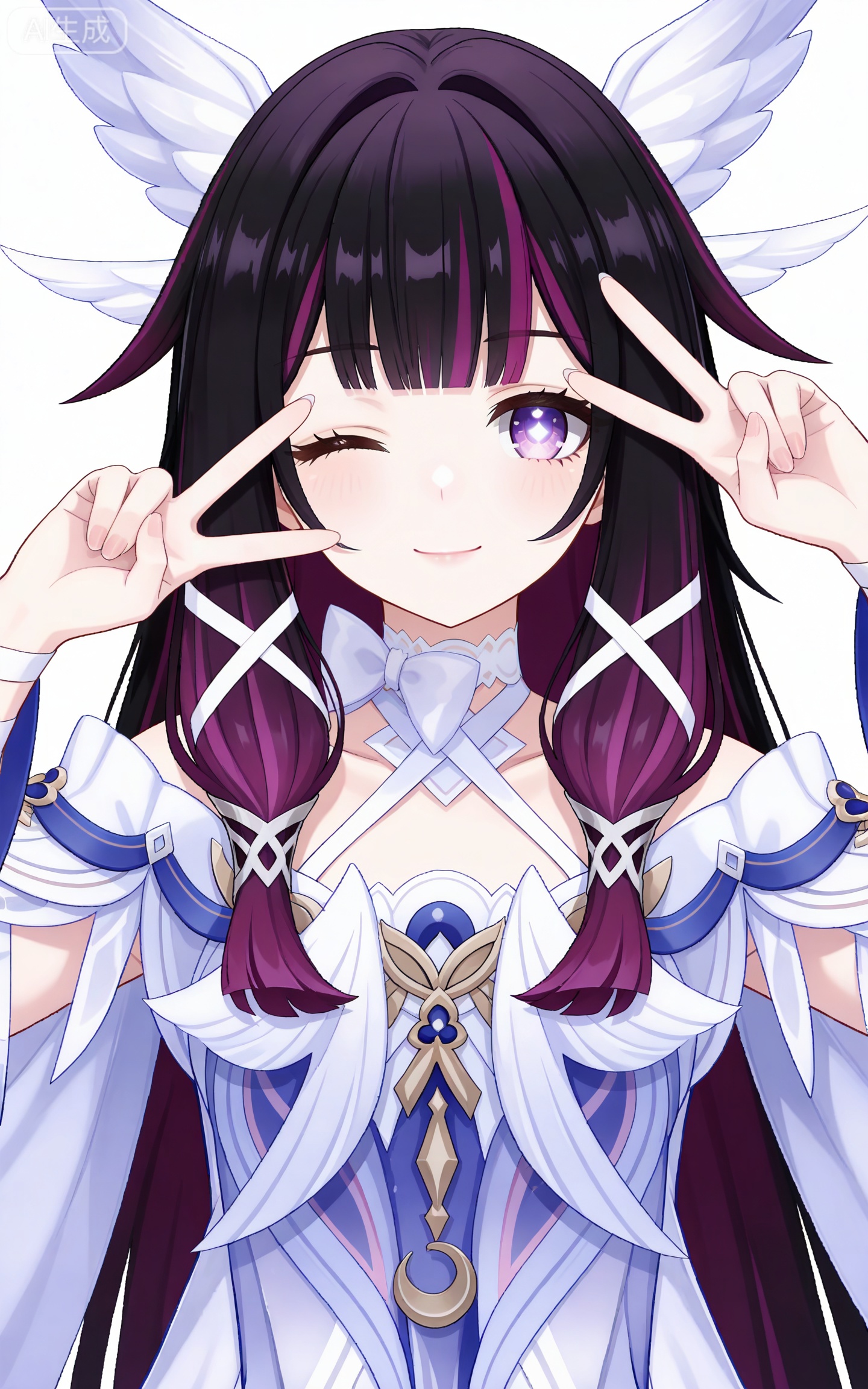 depth of field,masterpiece,best quality,very aesthetic,alternate costume,alternate costume,2024,2023,perfect composition,ultra-detailed,extreme aesthetic,masterpiece,best quality,good quality,newest,year 2024,year 2023,very aesthetic,absurdres,looking at viewer,colorful,,black hair,long hair,blunt bangs,multicolored hair,gradient hair,pink hair,purple hair,streaked hair,two-tone hair,very long hair,wings hair ornament,colored inner hair,purple eyes,shaonv symbol-shaped pupils,clothes:shaonv white short dress,shaonv detached sleeves,shaonv gradient dress,shaonv halter dress,shaonv long sleeves,shaonv off-shoulder dress,shaonv wide sleeves,shaonv wrist bow,shaonv wrist ribbon,1girl,solo,looking at viewer,smile,upper body,white background,simple background,bare shoulders,closed mouth,front view,v,one eye closed,