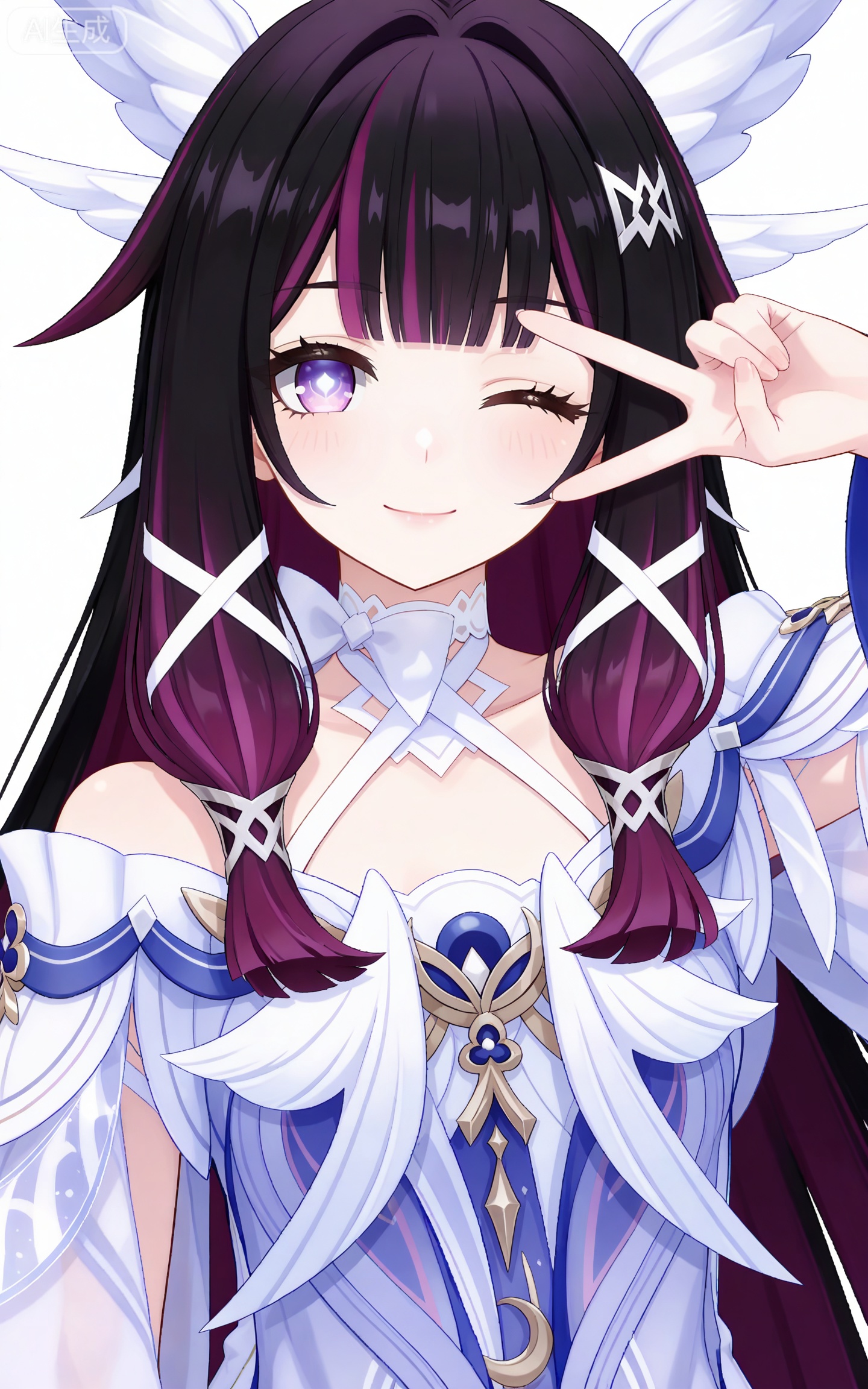 depth of field,masterpiece,best quality,very aesthetic,alternate costume,alternate costume,2024,2023,perfect composition,ultra-detailed,extreme aesthetic,masterpiece,best quality,good quality,newest,year 2024,year 2023,very aesthetic,absurdres,looking at viewer,colorful,,black hair,long hair,blunt bangs,multicolored hair,gradient hair,pink hair,purple hair,streaked hair,two-tone hair,very long hair,wings hair ornament,colored inner hair,purple eyes,shaonv symbol-shaped pupils,clothes:shaonv white short dress,shaonv detached sleeves,shaonv gradient dress,shaonv halter dress,shaonv long sleeves,shaonv off-shoulder dress,shaonv wide sleeves,shaonv wrist bow,shaonv wrist ribbon,1girl,solo,looking at viewer,smile,upper body,white background,simple background,bare shoulders,closed mouth,front view,v,one eye closed,