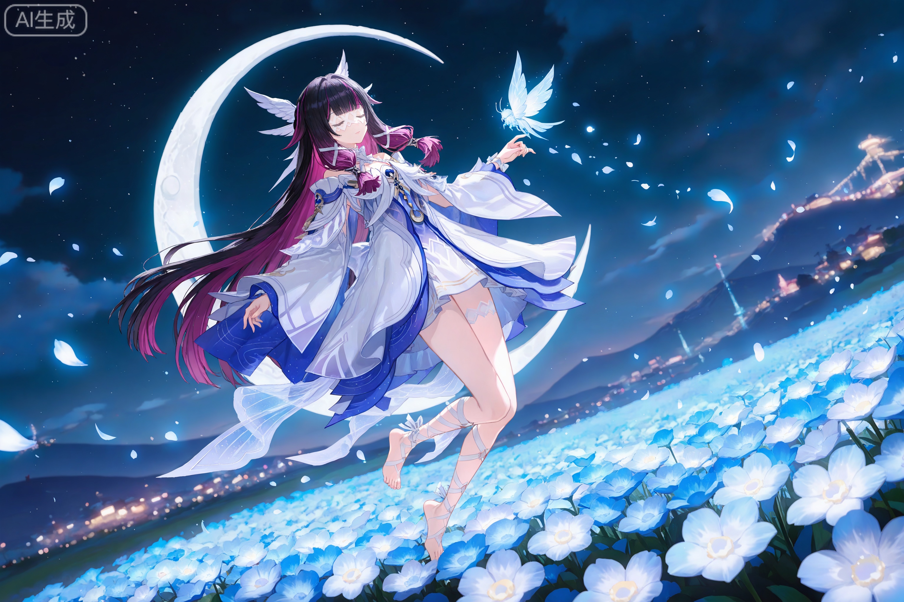 depth of field,masterpiece,best quality,very aesthetic,alternate costume,alternate costume,2024,2023,perfect composition,ultra-detailed,extreme aesthetic,masterpiece,best quality,good quality,newest,year 2024,year 2023,very aesthetic,absurdres,looking_at_viewer,colorful,,(quasarcake:0.7),
black hair,long hair,blunt bangs,shaonv white eyes mask,multicolored hair,gradient hair,pink hair,purple hair,streaked hair,two-tone hair,very long hair,wing hair ornament,colored inner hair,clothes:shaonv white short dress,shaonv detached sleeves,shaonv gradient dress,shaonv halter dress,shaonv leg ribbon,shaonv long sleeves,shaonv off-shoulder dress,shaonv wide sleeves,shaonv wrist bow,shaonv wrist ribbon,1girl,solo,closed eyes,bare legs,bare shoulders,barefoot,detached sleeves,(jumping:1.1),closed mouth,night,flower field,white flower,crescent_moon,,lvjing,floating petals,dancing,(dynamic_angle:1.1),(dutch angle:1.1),glowing,outdoors,bug,firefly,