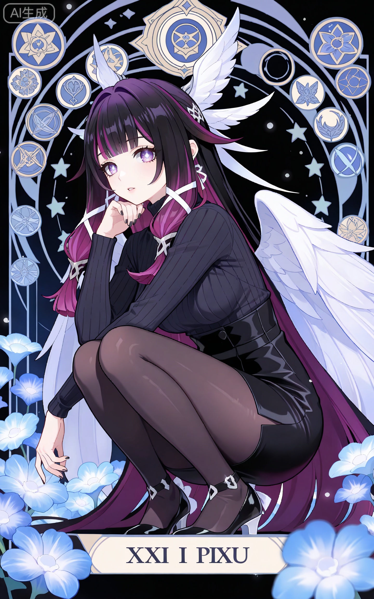 depth of field,masterpiece,best quality,very aesthetic,alternate costume,alternate costume,2024,2023,perfect composition,ultra-detailed,extreme aesthetic,masterpiece,best quality,good quality,newest,year 2024,year 2023,very aesthetic,absurdres,looking at viewer,colorful,
,black hair,long hair,blunt bangs,multicolored hair,gradient hair,pink hair,purple hair,streaked hair,two-tone hair,very long hair,wings hair ornament,colored inner hair,purple eyes,shaonv symbol-shaped pupils,
1girl,solo,pantyhose,high heels,looking at viewer,black footwear,squatting,sweater,full body,parted lips,black sweater,earrings,signature,black nails,long sleeves,parted bangs,jewelry,pencil skirt,skirt,bangs,turtleneck,nail polish,black pantyhose,dress,(Black background:1.2),simple background,

art nouveau,traditional media,flower,xiamu,(tarot (medium):1.2),
