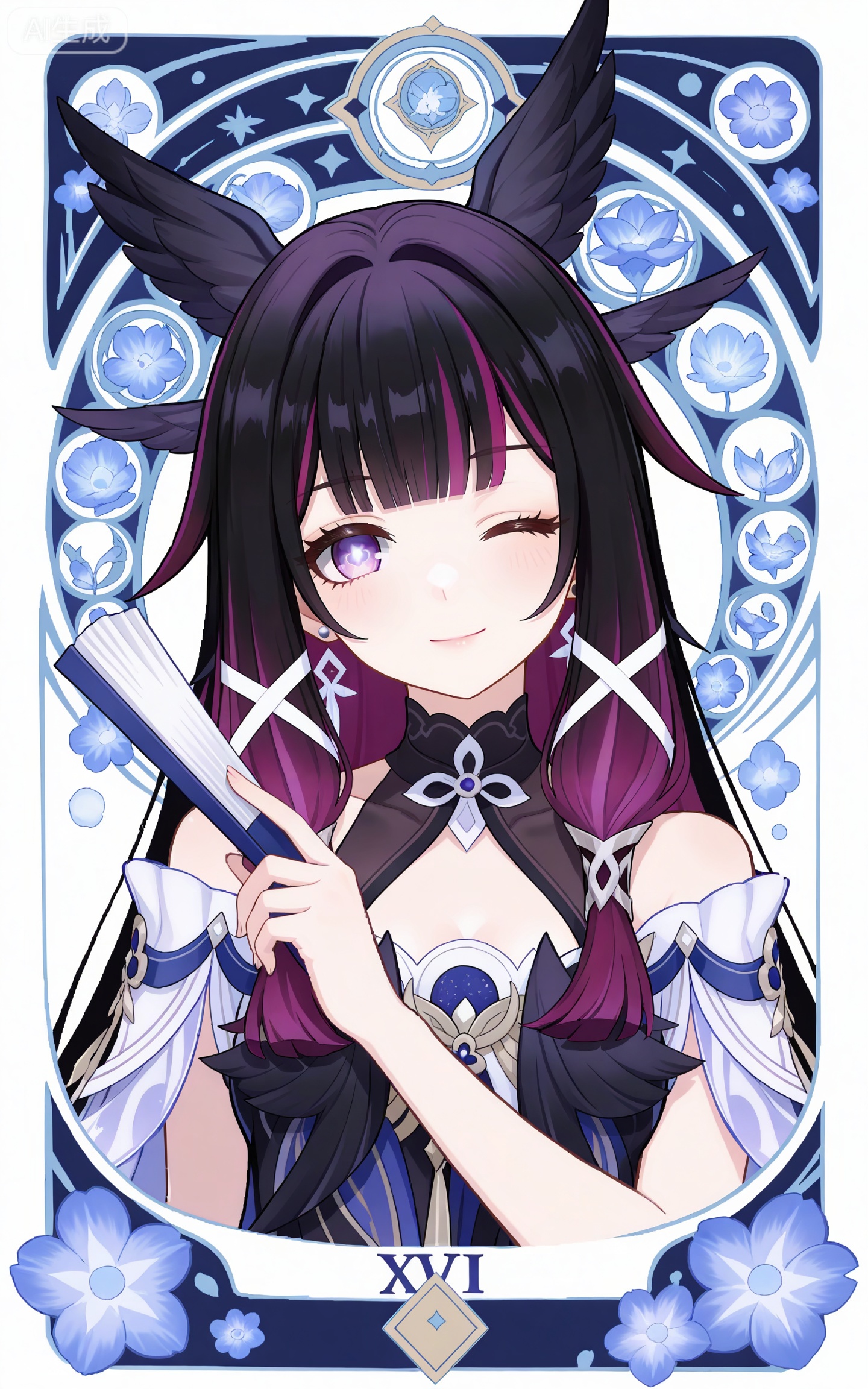 depth of field,masterpiece,best quality,very aesthetic,alternate costume,alternate costume,2024,2023,perfect composition,ultra-detailed,extreme aesthetic,masterpiece,best quality,good quality,newest,year 2024,year 2023,very aesthetic,absurdres,looking at viewer,colorful,
,black hair,long hair,blunt bangs,multicolored hair,gradient hair,pink hair,purple hair,streaked hair,two-tone hair,very long hair,wings hair ornament,colored inner hair,purple eyes,shaonv symbol-shaped pupils,
1girl,dress,hand fan,holding,solo,earrings,jewelry,chinese clothes,china dress,black dress,holding fan,floral print,blurry,sleeveless,looking at viewer,sleeveless dress,folding fan,standing,head tilt,2,

1girl,solo,looking at viewer,smile,upper body,white background,simple background,bare shoulders,closed mouth,front view,v,one eye closed,
art nouveau,traditional media,flower,xiamu,(tarot (medium):1.2),