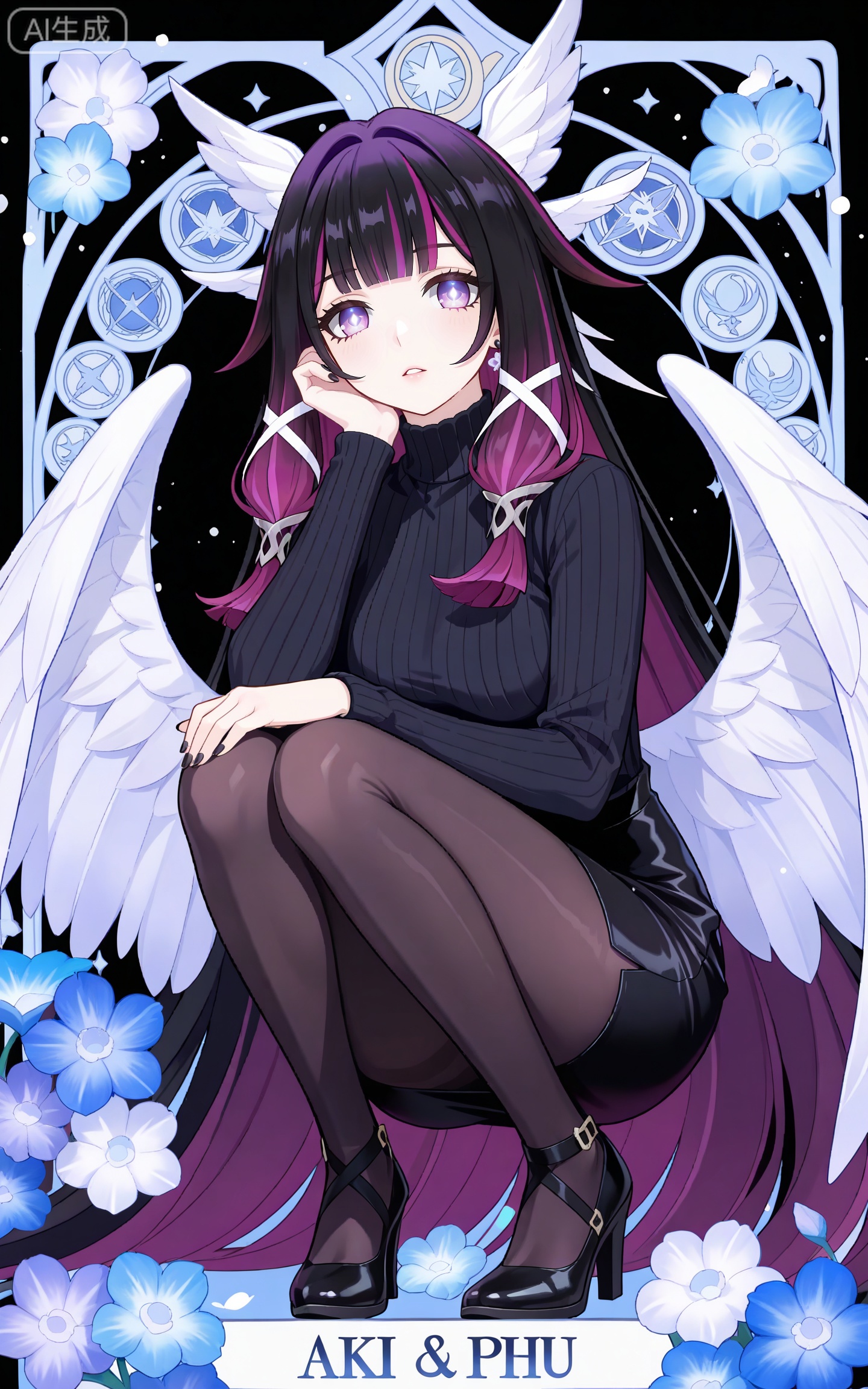 depth of field,masterpiece,best quality,very aesthetic,alternate costume,alternate costume,2024,2023,perfect composition,ultra-detailed,extreme aesthetic,masterpiece,best quality,good quality,newest,year 2024,year 2023,very aesthetic,absurdres,looking at viewer,colorful,
,black hair,long hair,blunt bangs,multicolored hair,gradient hair,pink hair,purple hair,streaked hair,two-tone hair,very long hair,wings hair ornament,colored inner hair,purple eyes,shaonv symbol-shaped pupils,
1girl,solo,pantyhose,high heels,looking at viewer,black footwear,squatting,sweater,full body,parted lips,black sweater,earrings,signature,black nails,long sleeves,parted bangs,jewelry,pencil skirt,skirt,bangs,turtleneck,nail polish,black pantyhose,dress,(Black background:1.2),simple background,

art nouveau,traditional media,flower,xiamu,(tarot (medium):1.2),