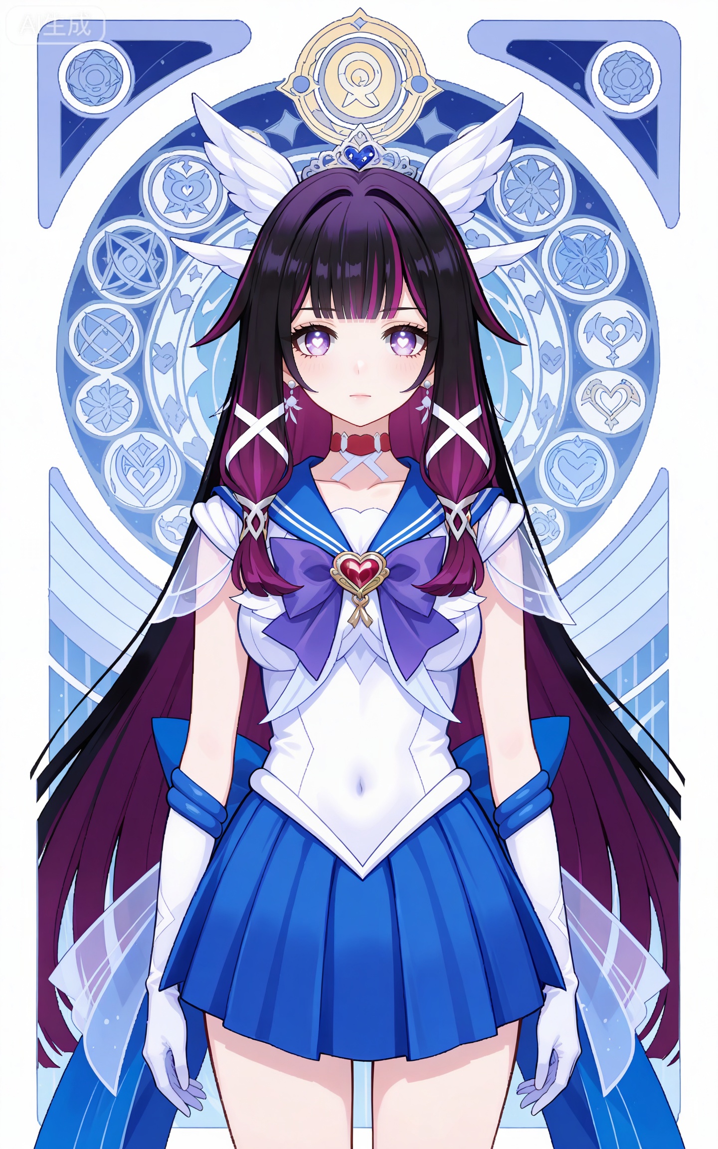 depth of field,masterpiece,best quality,very aesthetic,alternate costume,alternate costume,2024,2023,perfect composition,ultra-detailed,extreme aesthetic,masterpiece,best quality,good quality,newest,year 2024,year 2023,very aesthetic,absurdres,looking at viewer,colorful,
,black hair,long hair,blunt bangs,multicolored hair,gradient hair,pink hair,purple hair,streaked hair,two-tone hair,very long hair,wings hair ornament,colored inner hair,purple eyes,shaonv symbol-shaped pupils,
1girl,sailor senshi uniform,solo,jewelry,skirt,gloves,earrings,blue skirt,white gloves,sailor collar,bow,breasts,choker,elbow gloves,magical girl,back bow,covered navel,pleated skirt,looking at viewer,brooch,purple bow,heart brooch,red choker,miniskirt,closed mouth,large breasts,collarbone,red gemstone,tiara,cowboy shot,

art nouveau,traditional media,flower,xiamu,(tarot (medium):1.2),