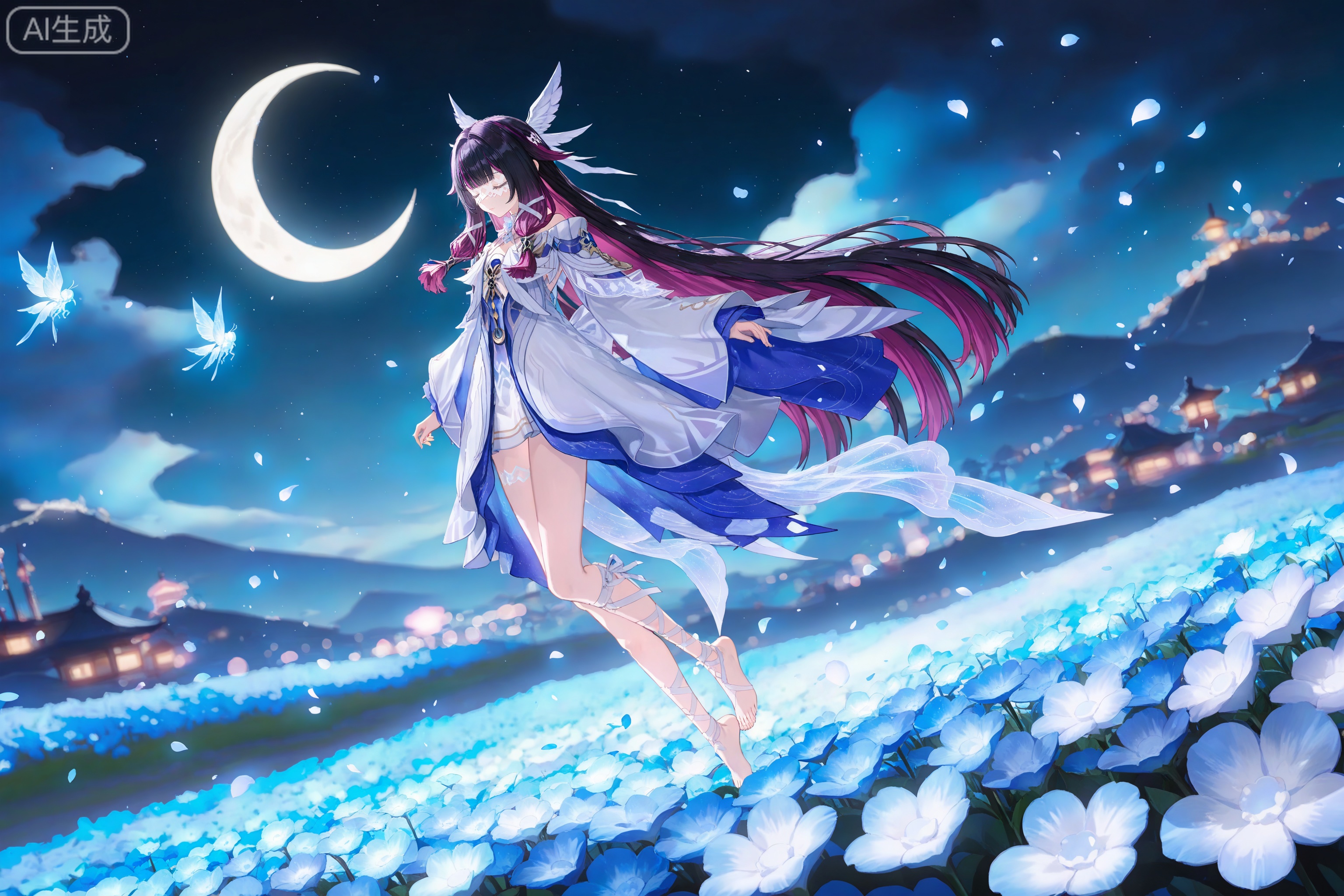 depth of field,masterpiece,best quality,very aesthetic,alternate costume,alternate costume,2024,2023,perfect composition,ultra-detailed,extreme aesthetic,masterpiece,best quality,good quality,newest,year 2024,year 2023,very aesthetic,absurdres,looking_at_viewer,colorful,,(quasarcake:0.7),
black hair,long hair,blunt bangs,shaonv white eyes mask,multicolored hair,gradient hair,pink hair,purple hair,streaked hair,two-tone hair,very long hair,wing hair ornament,colored inner hair,clothes:shaonv white short dress,shaonv detached sleeves,shaonv gradient dress,shaonv halter dress,shaonv leg ribbon,shaonv long sleeves,shaonv off-shoulder dress,shaonv wide sleeves,shaonv wrist bow,shaonv wrist ribbon,1girl,solo,closed eyes,bare legs,bare shoulders,barefoot,detached sleeves,(jumping:1.1),closed mouth,night,flower field,white flower,crescent_moon,,lvjing,floating petals,dancing,(dynamic_angle:1.1),(dutch angle:1.1),glowing,outdoors,bug,firefly,