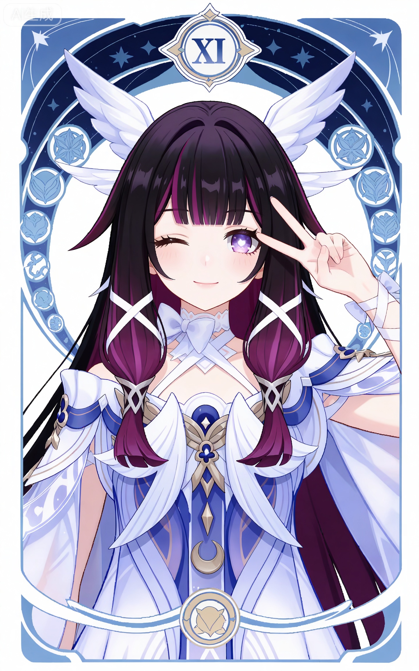 depth of field,masterpiece,best quality,very aesthetic,alternate costume,alternate costume,2024,2023,perfect composition,ultra-detailed,extreme aesthetic,masterpiece,best quality,good quality,newest,year 2024,year 2023,very aesthetic,absurdres,looking at viewer,colorful,,black hair,long hair,blunt bangs,multicolored hair,gradient hair,pink hair,purple hair,streaked hair,two-tone hair,very long hair,wings hair ornament,colored inner hair,purple eyes,shaonv symbol-shaped pupils,clothes:shaonv white short dress,shaonv detached sleeves,shaonv gradient dress,shaonv halter dress,shaonv long sleeves,shaonv off-shoulder dress,shaonv wide sleeves,shaonv wrist bow,shaonv wrist ribbon,1girl,solo,looking at viewer,smile,upper body,white background,simple background,bare shoulders,closed mouth,front view,v,one eye closed,
art nouveau,traditional media,flower,xiamu,(tarot (medium):1.2),