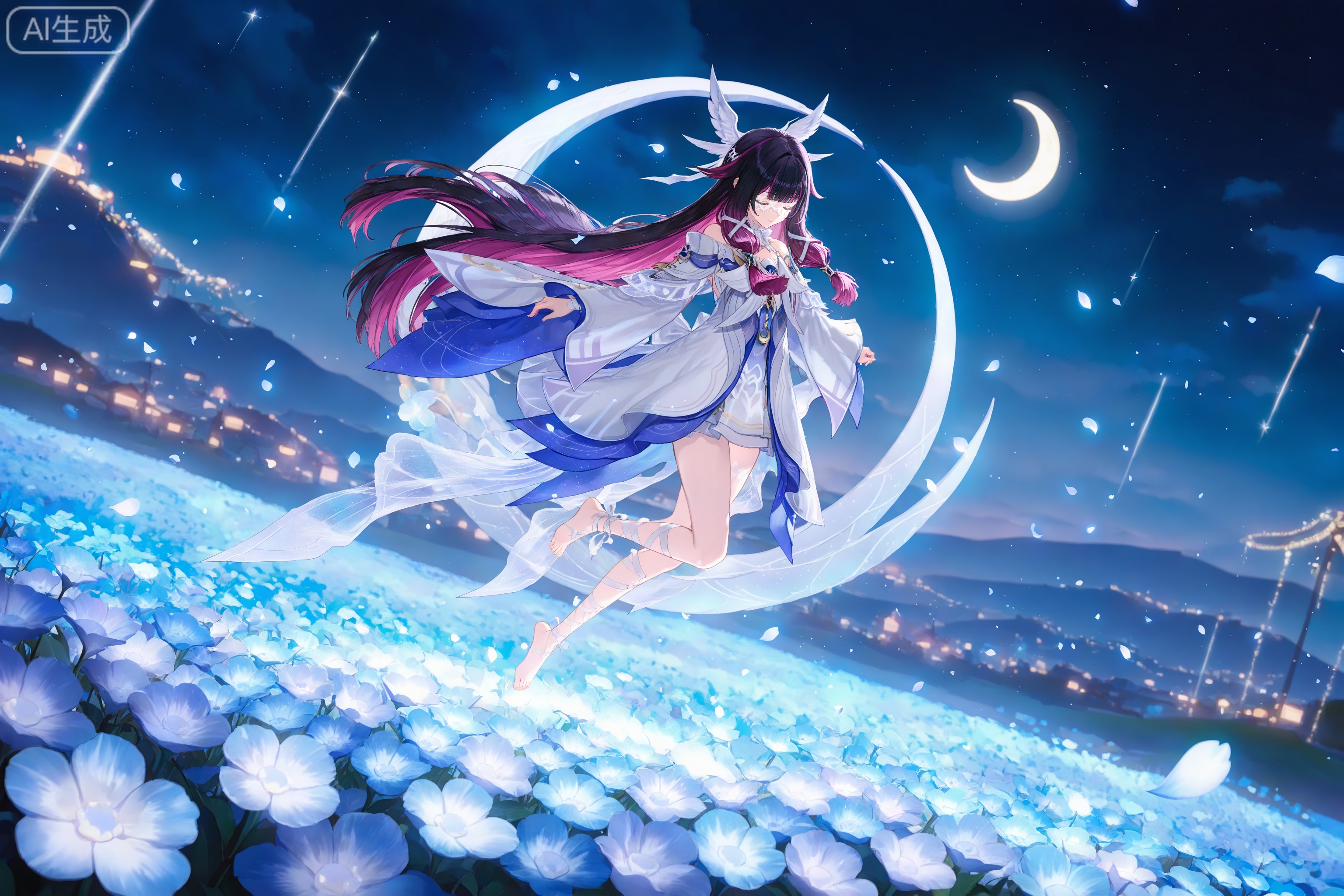 depth of field,masterpiece,best quality,very aesthetic,alternate costume,alternate costume,2024,2023,perfect composition,ultra-detailed,extreme aesthetic,masterpiece,best quality,good quality,newest,year 2024,year 2023,very aesthetic,absurdres,looking_at_viewer,colorful,,(quasarcake:0.7),
black hair,long hair,blunt bangs,shaonv white eyes mask,multicolored hair,gradient hair,pink hair,purple hair,streaked hair,two-tone hair,very long hair,wing hair ornament,colored inner hair,clothes:shaonv white short dress,shaonv detached sleeves,shaonv gradient dress,shaonv halter dress,shaonv leg ribbon,shaonv long sleeves,shaonv off-shoulder dress,shaonv wide sleeves,shaonv wrist bow,shaonv wrist ribbon,1girl,solo,closed eyes,bare legs,bare shoulders,barefoot,detached sleeves,(jumping:1.1),closed mouth,night,flower field,white flower,crescent_moon,,lvjing,floating petals,dancing,(dynamic_angle:1.1),(dutch angle:1.1),glowing,outdoors,bug,firefly,