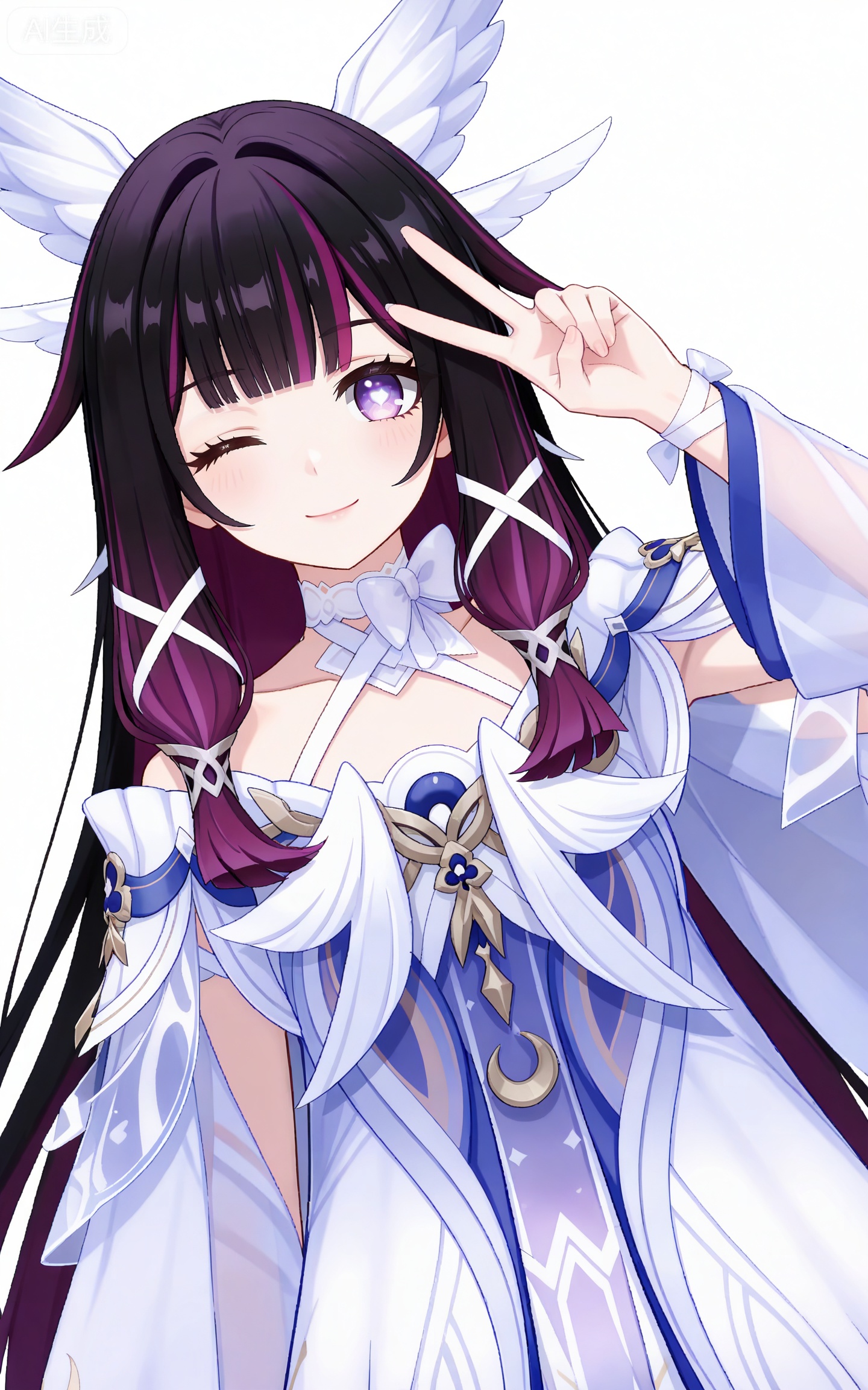 depth of field,masterpiece,best quality,very aesthetic,alternate costume,alternate costume,2024,2023,perfect composition,ultra-detailed,extreme aesthetic,masterpiece,best quality,good quality,newest,year 2024,year 2023,very aesthetic,absurdres,looking at viewer,colorful,,black hair,long hair,blunt bangs,multicolored hair,gradient hair,pink hair,purple hair,streaked hair,two-tone hair,very long hair,wings hair ornament,colored inner hair,purple eyes,shaonv symbol-shaped pupils,clothes:shaonv white short dress,shaonv detached sleeves,shaonv gradient dress,shaonv halter dress,shaonv long sleeves,shaonv off-shoulder dress,shaonv wide sleeves,shaonv wrist bow,shaonv wrist ribbon,1girl,solo,looking at viewer,smile,upper body,white background,simple background,bare shoulders,closed mouth,front view,v,one eye closed,