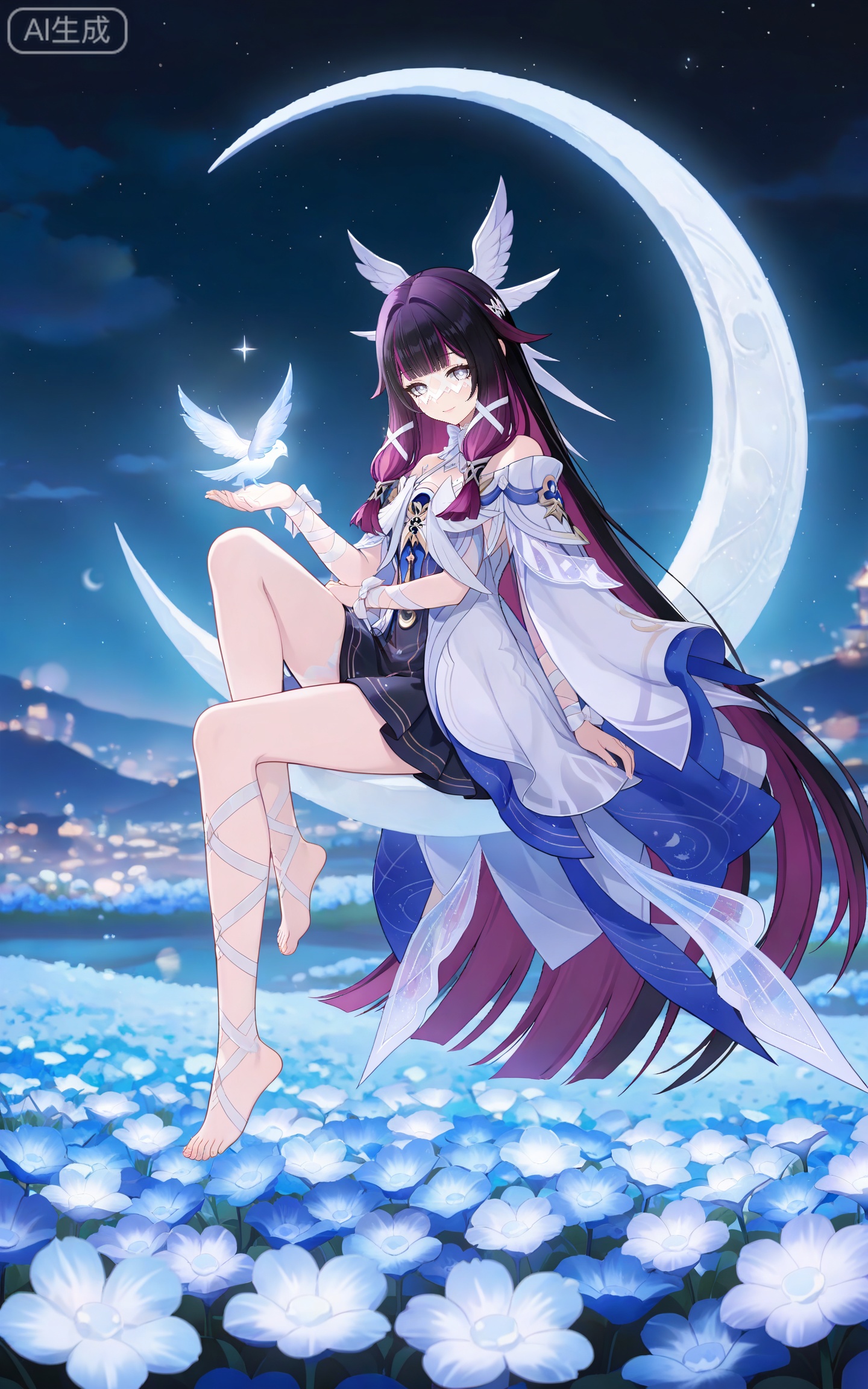 depth of field,masterpiece,best quality,very aesthetic,alternate costume,alternate costume,2024,2023,perfect composition,ultra-detailed,extreme aesthetic,masterpiece,best quality,good quality,newest,year 2024,year 2023,very aesthetic,absurdres,looking_at_viewer,colorful,
black hair,long hair,blunt bangs,shaonv white eyes mask,multicolored hair,gradient hair,pink hair,purple hair,streaked hair,two-tone hair,very long hair,wing hair ornament,colored inner hair,clothes:shaonv white short dress,shaonv detached sleeves,shaonv gradient dress,shaonv halter dress,shaonv leg ribbon,shaonv long sleeves,shaonv off-shoulder dress,shaonv wide sleeves,shaonv wrist bow,shaonv wrist ribbon,1girl,solo,looking at viewer,closed mouth,smile,bare shoulders,barefoot,floating,night,moon,flower field,wihite flower,sitting on the  moon,crescent moon,