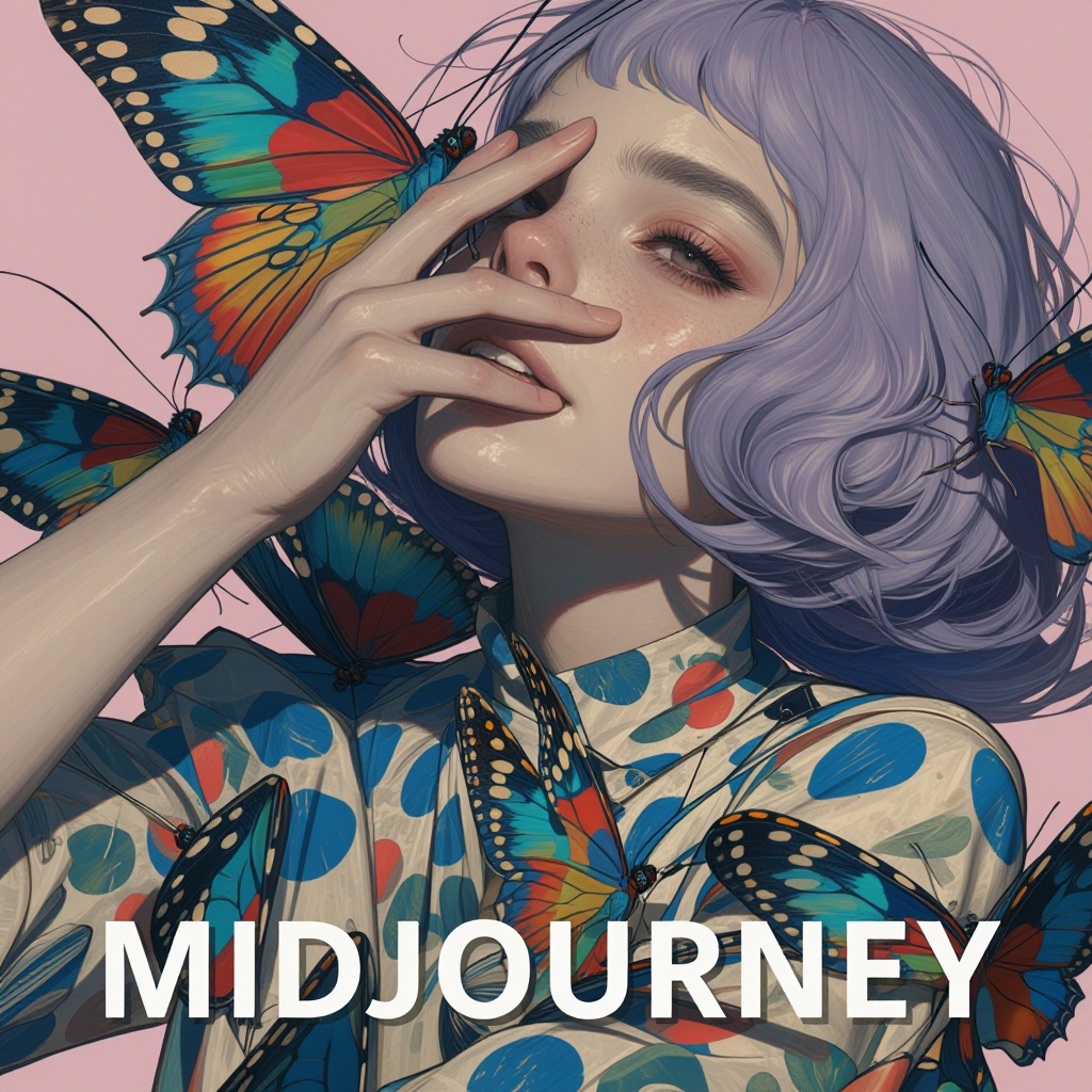 epic text that reads "MIDJOURNEY" below her portrait,  animaport,  digital illustration of a woman with wavy purple hair a...