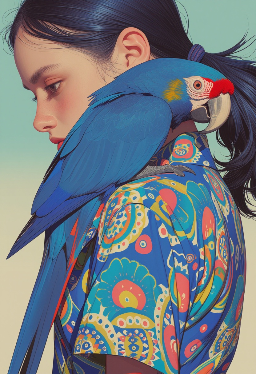 animaport of a woman with sleek black hair and a parrot perched on her shoulder,  against a gradient teal background,  vib...