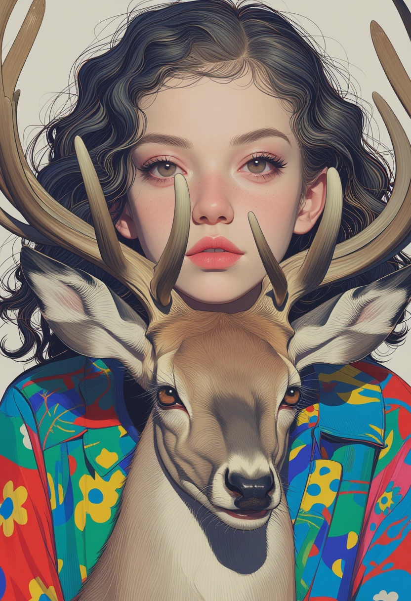 animaport,  digital illustration of portrait asian woman with wavy dark hair and a gentle deer,  set against a light gray...