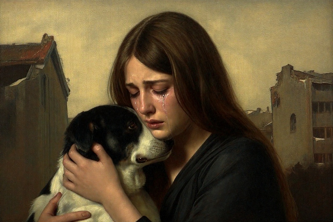 z-paint-style,  portrait of a woman crying while her dog comforts her. The background is a destroyed city,  reflecting a s...