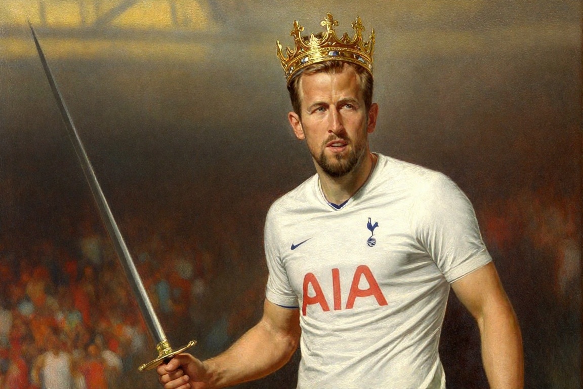 z-paint-style,  portrait of Harry Kane wearing a white Tottenham football kit and a heavy royal golden crown,  holding a s...