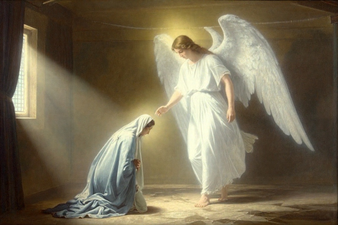 Create a z-paint-style image featuring Archangel Gabriel with large,  ethereal white wings standing in a rustic room. Mary...
